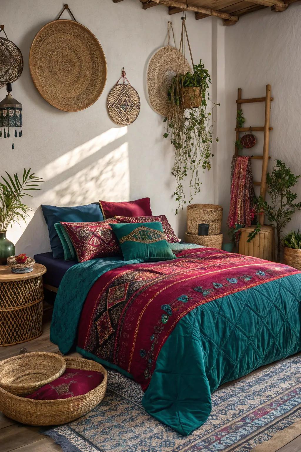 Colorful bedding makes the bed a focal point in this boho bedroom