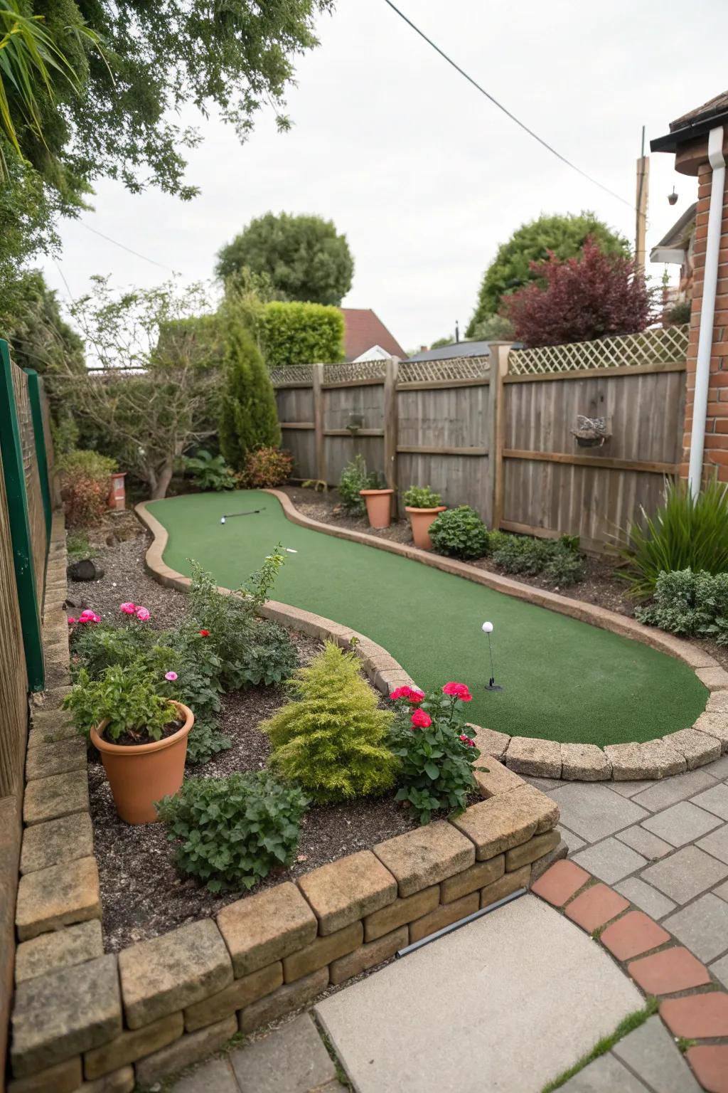 A playful mini putting green in a small garden.