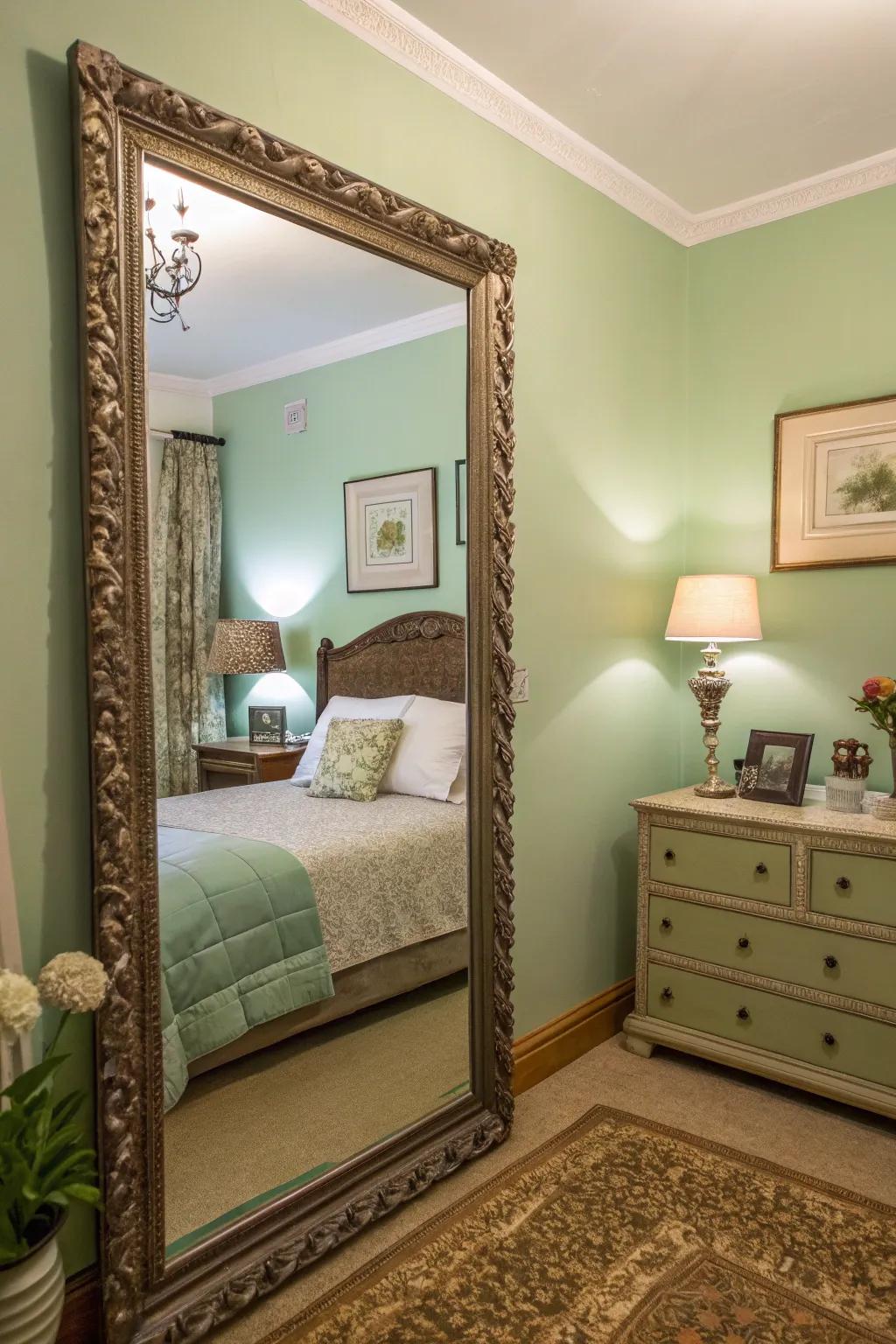 Mirrors enhance space and complement the green theme.