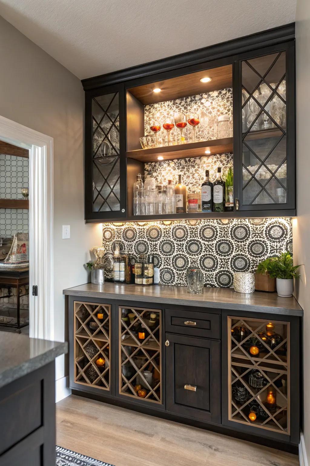 Geometric designs add a modern and dynamic feel to your home bar.