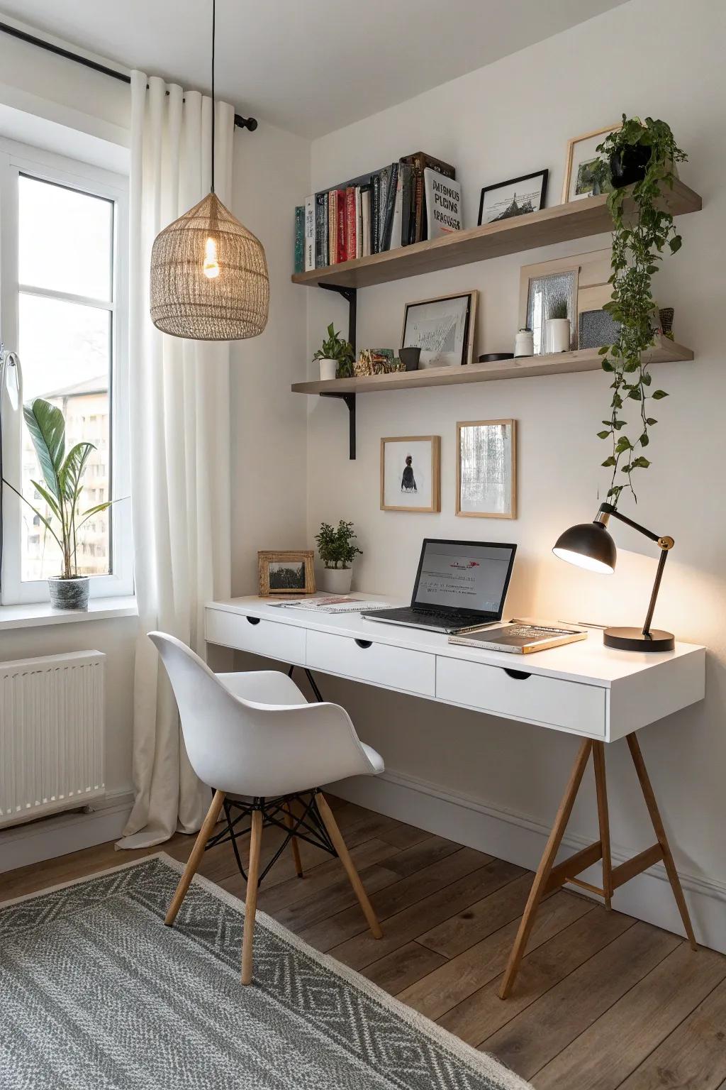 Floating desks free up floor space while providing functionality.