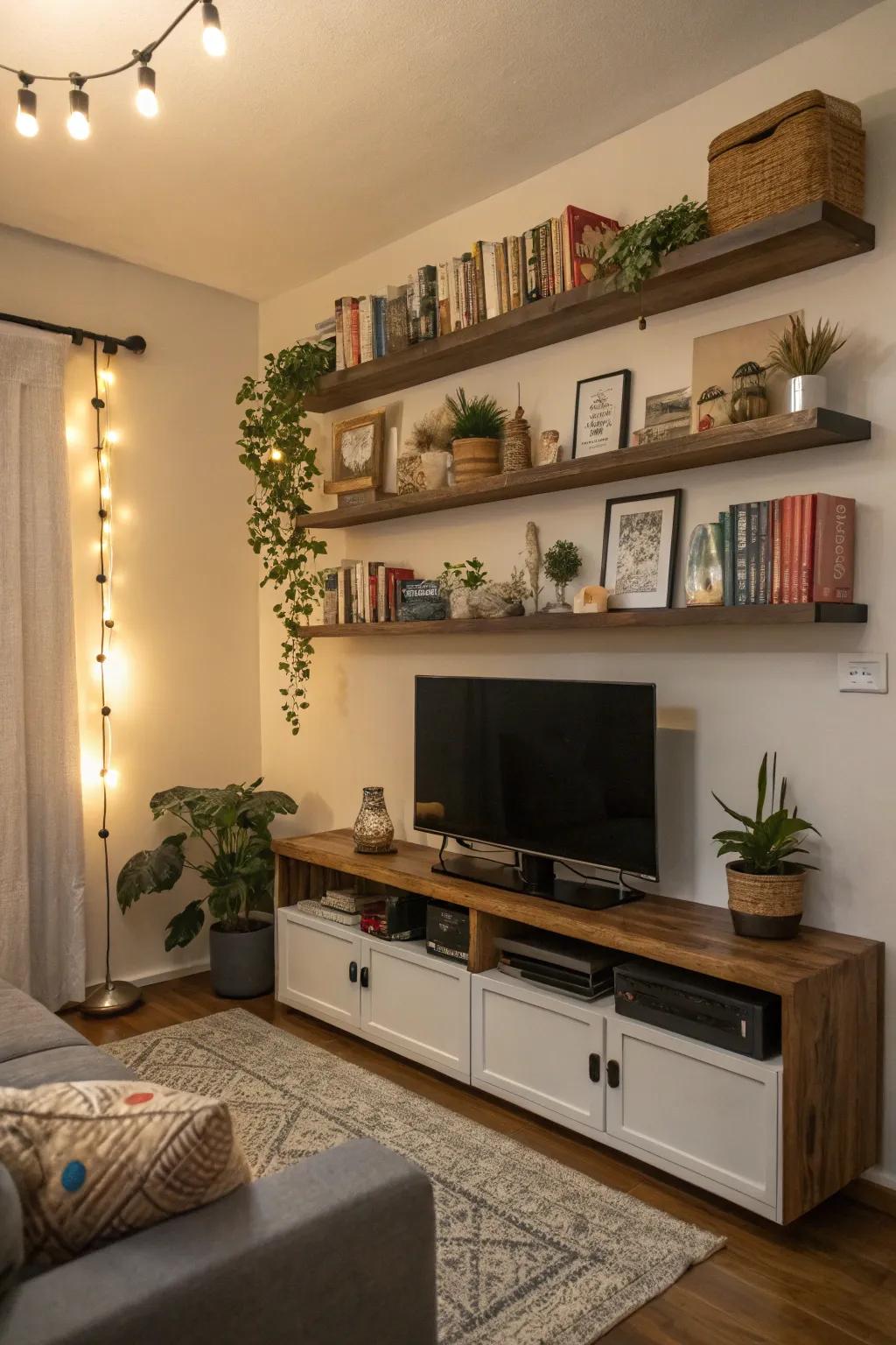 Floating shelves offer stylish storage solutions without taking up floor space.