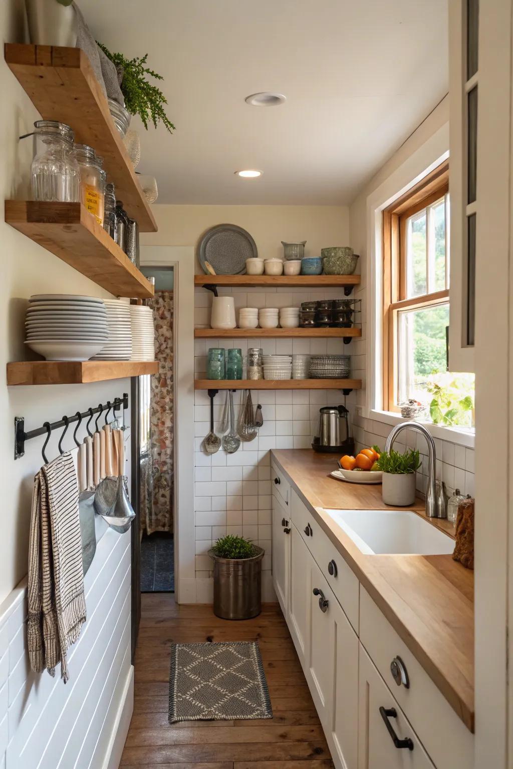 Floating shelves add elegance and practicality.