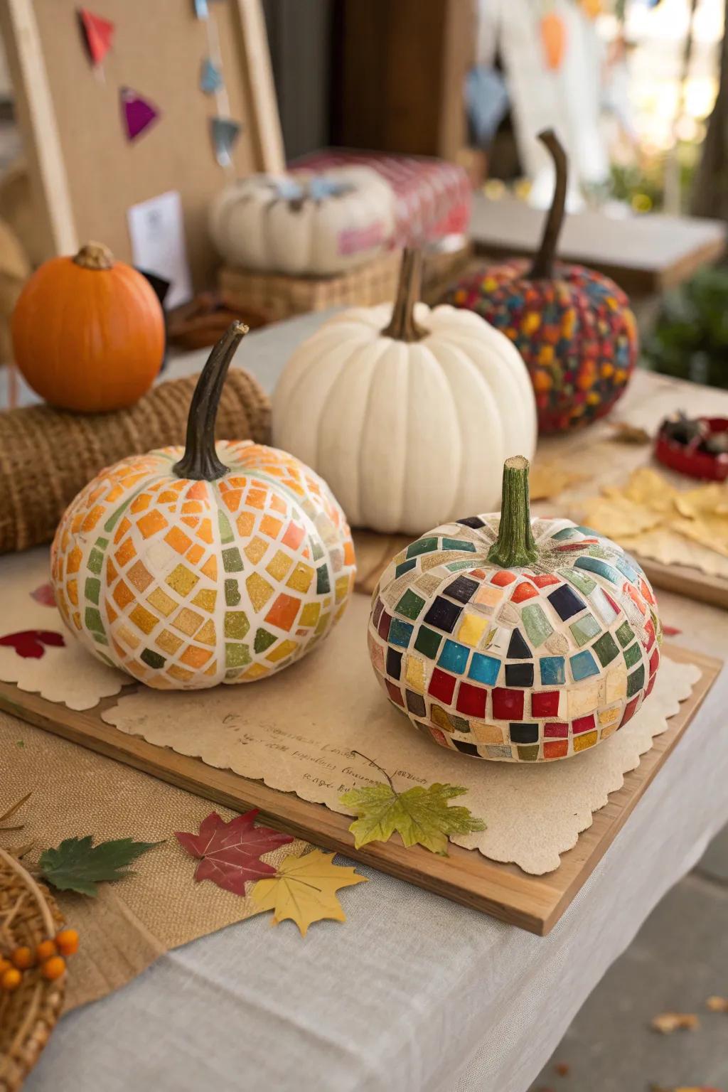 Mosaic pumpkins offer a textured, artistic flair to fall displays.