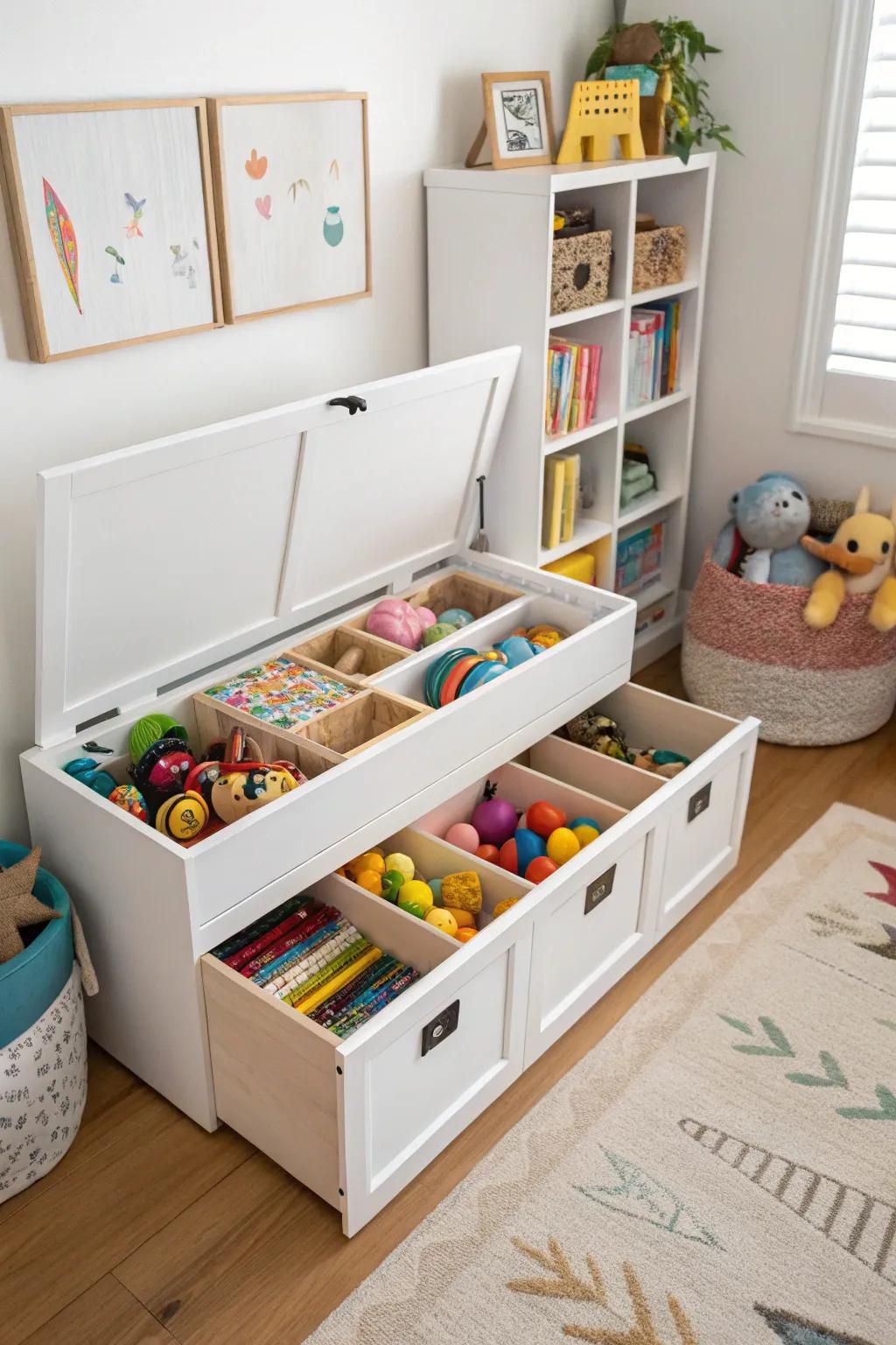 A toy chest with compartments for organized storage.