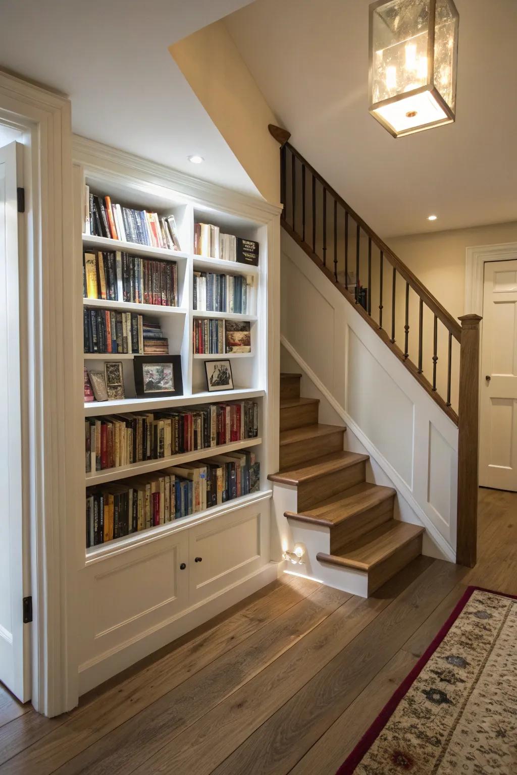 A built-in bookcase maximizes space and adds character.