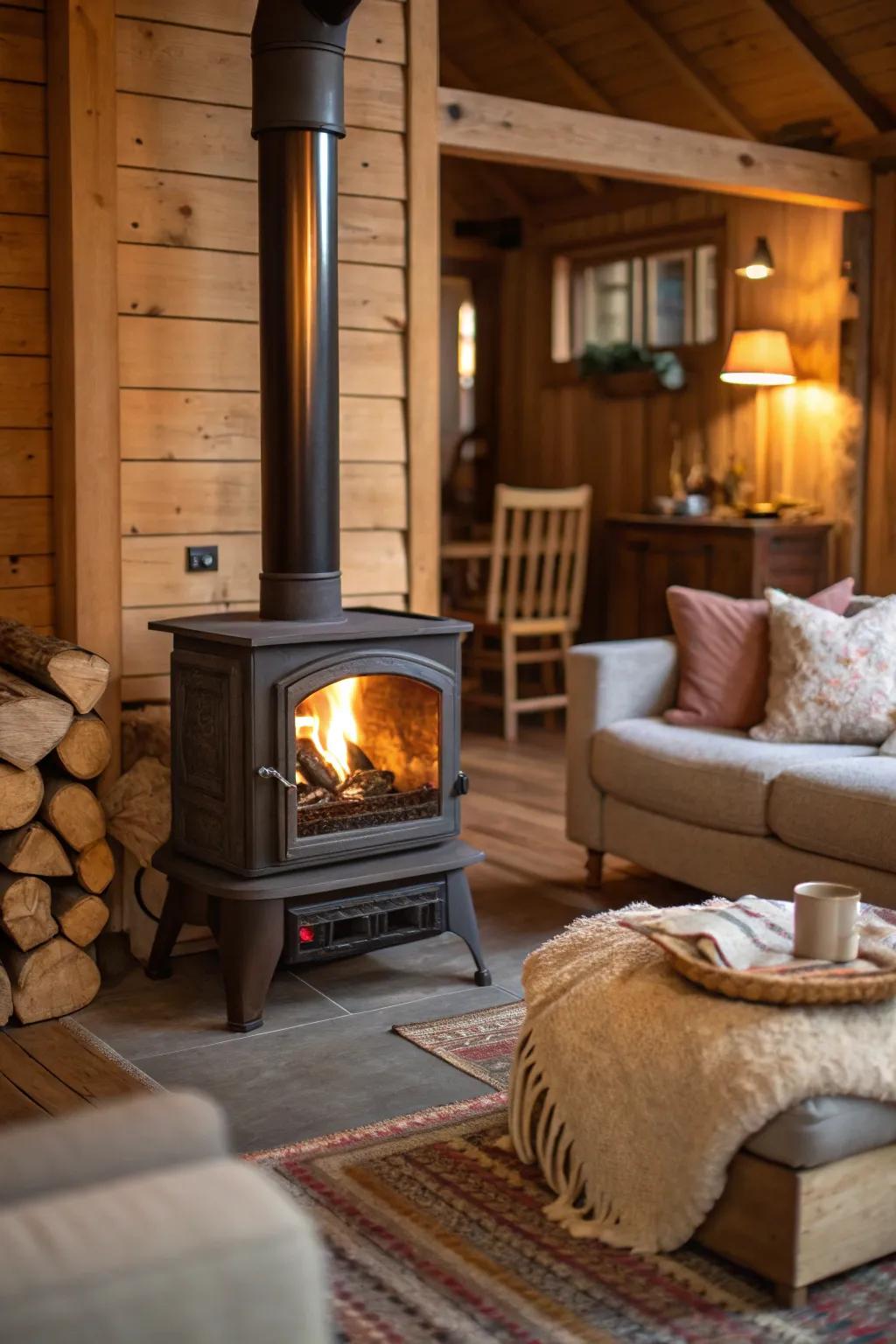 Built-in seating around a wood stove creates a cozy spot for gatherings.