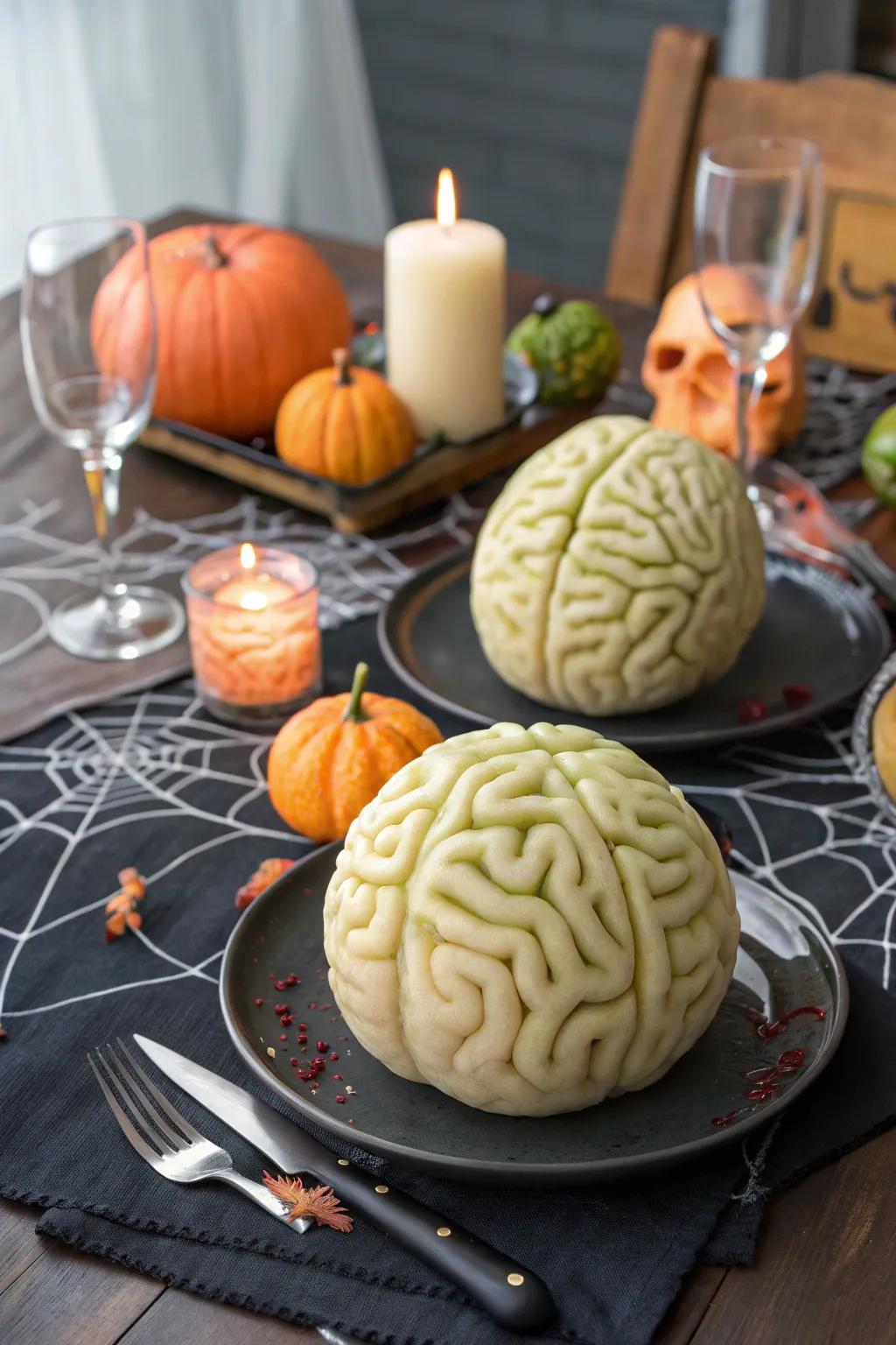 Zombie brain melons serving a frighteningly fun treat.