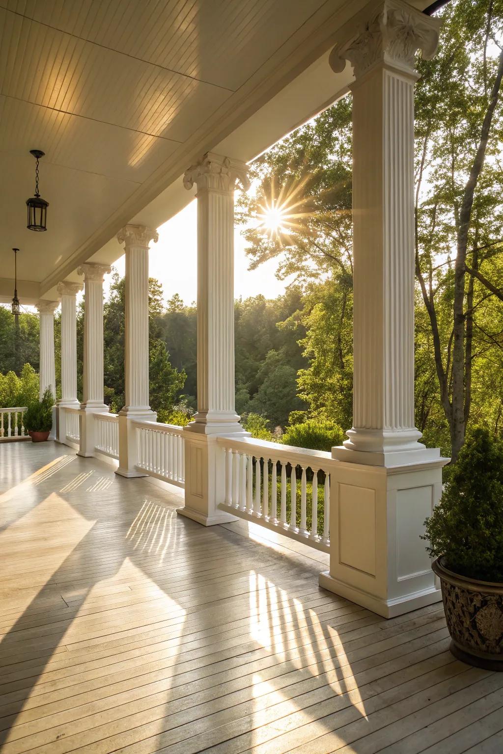 Glossy square columns add a luxurious sheen to the porch.