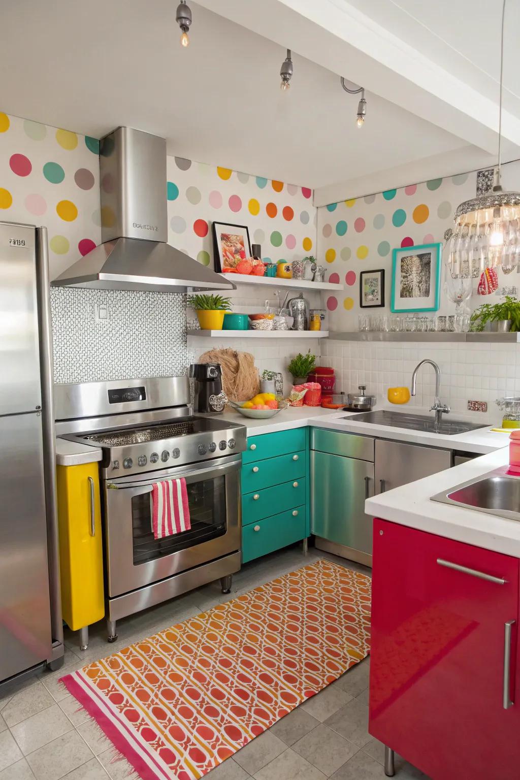 Color pops add a playful twist to the stainless steel kitchen.