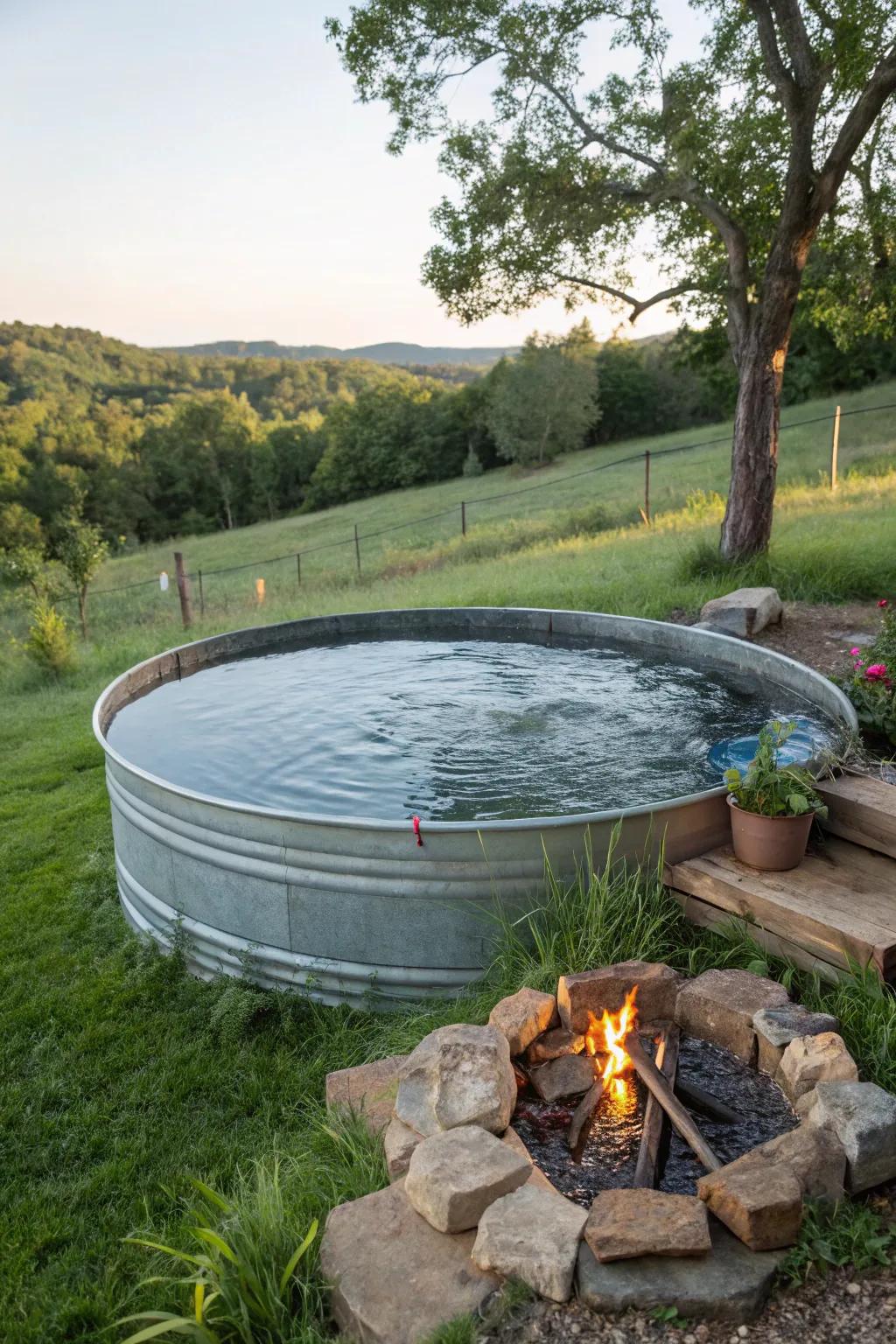 A fire pit adds warmth and ambiance to a stock tank pool setting.