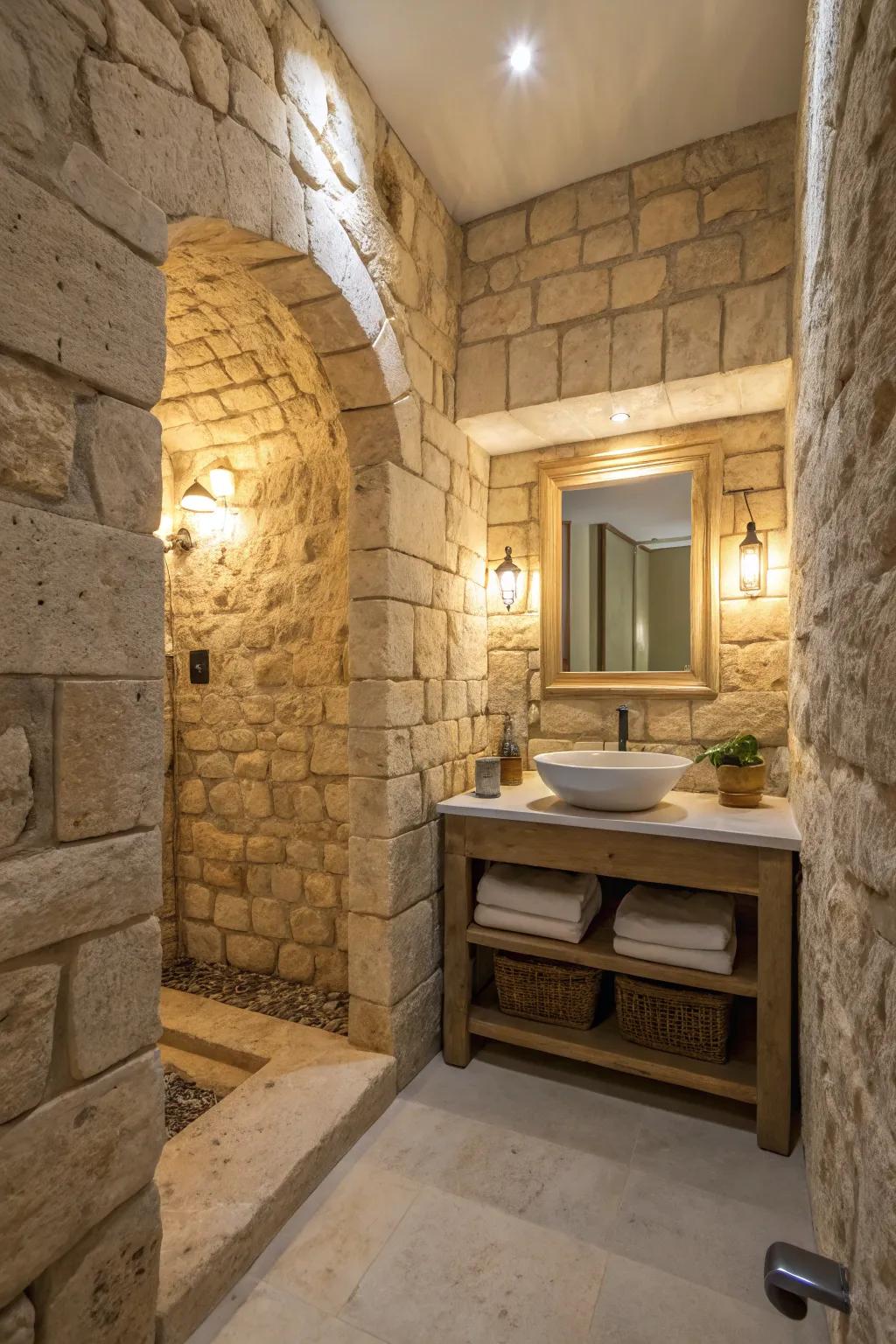 A stone bathroom featuring the soft texture and warm tones of limestone.