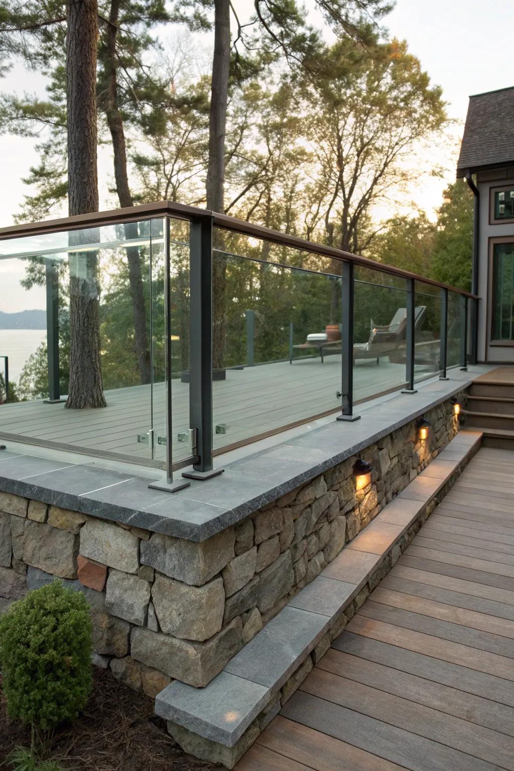 A sophisticated deck featuring an innovative mix of stone and glass skirting.