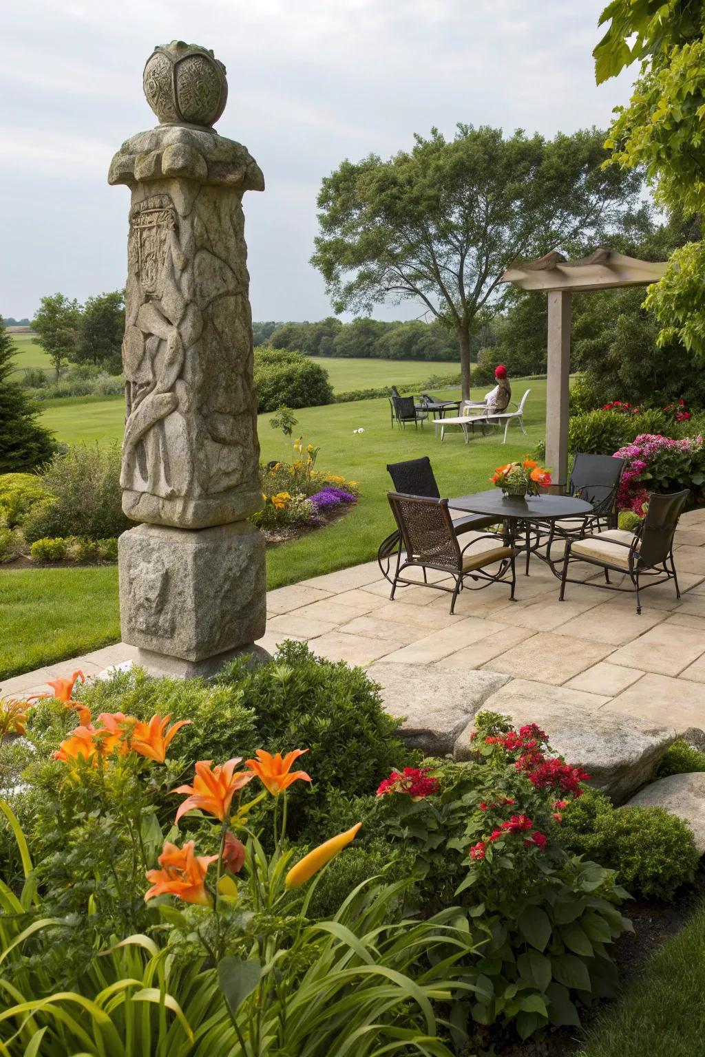 A striking stone sculpture elevating garden design.