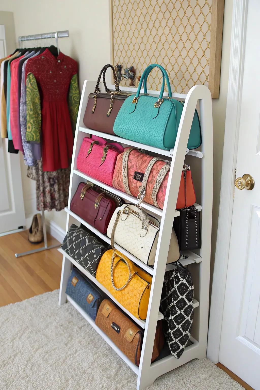 Shoe rack repurposed for purse organization.