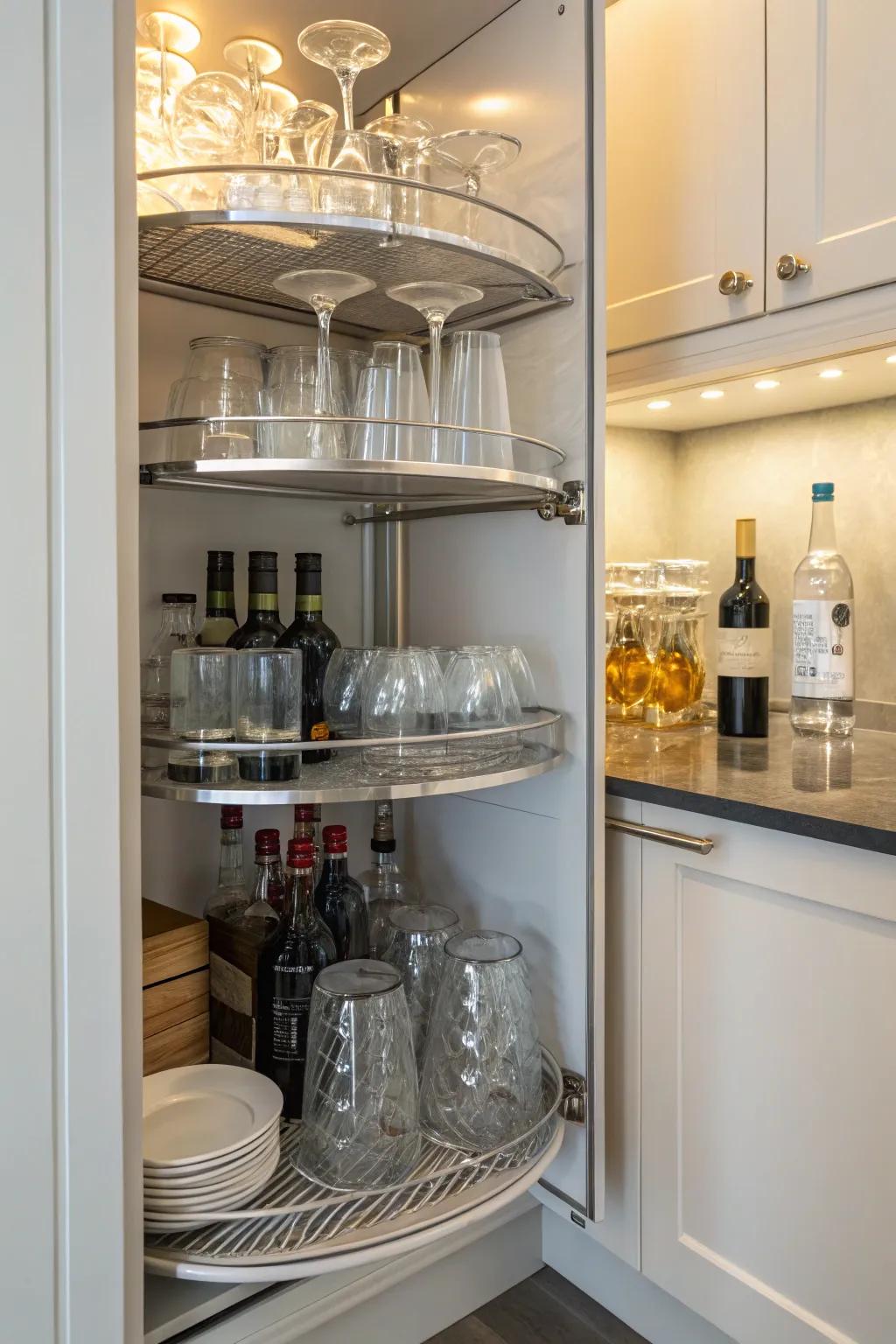 Corner cabinets with rotating shelves maximize space and accessibility.