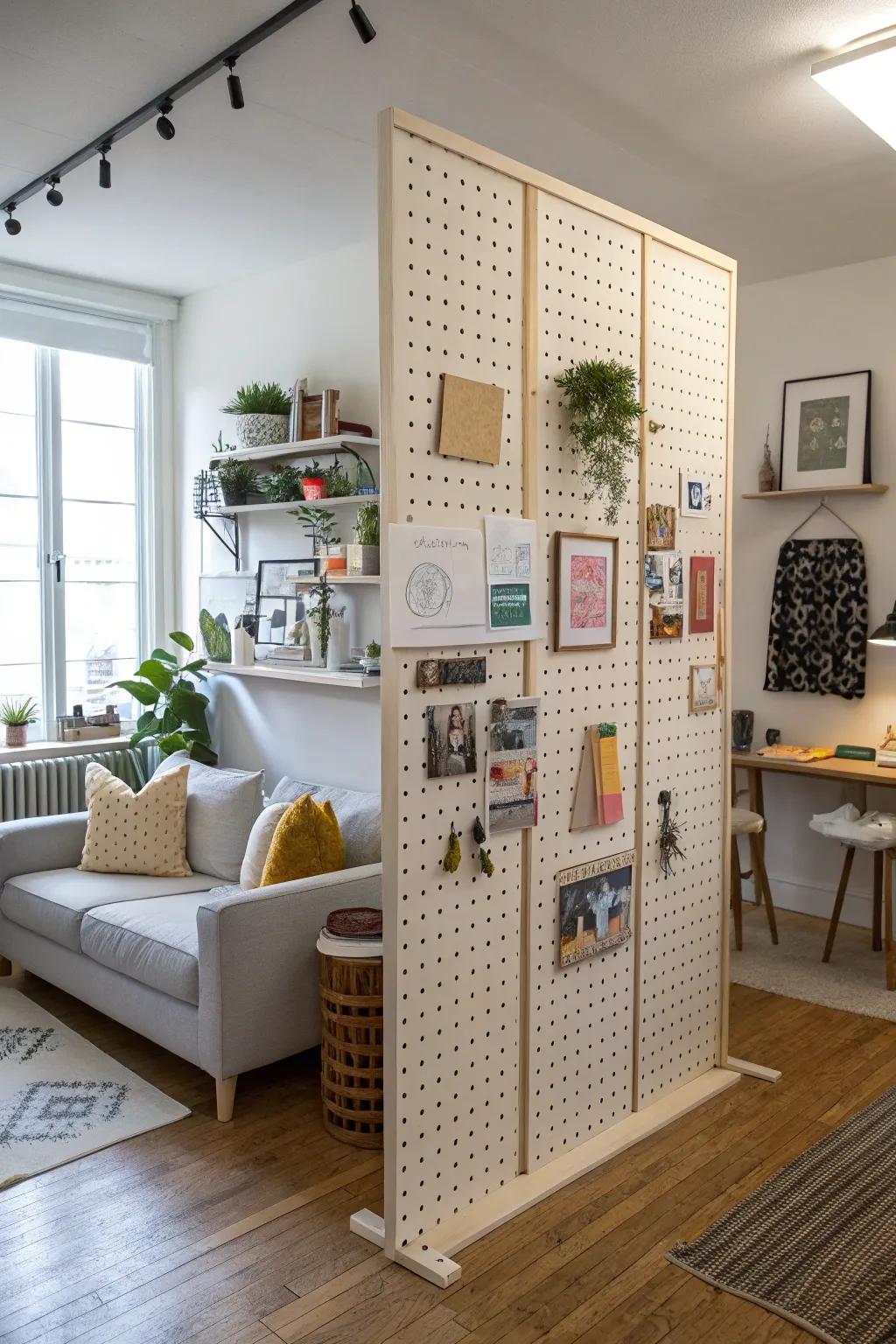 Pegboards provide a creative and functional room division.