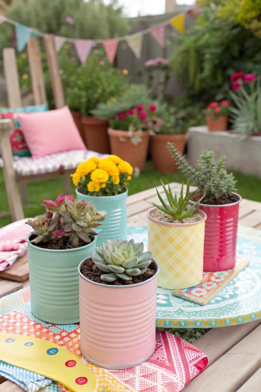 Colorful tin cans make for a vibrant and economical succulent display.