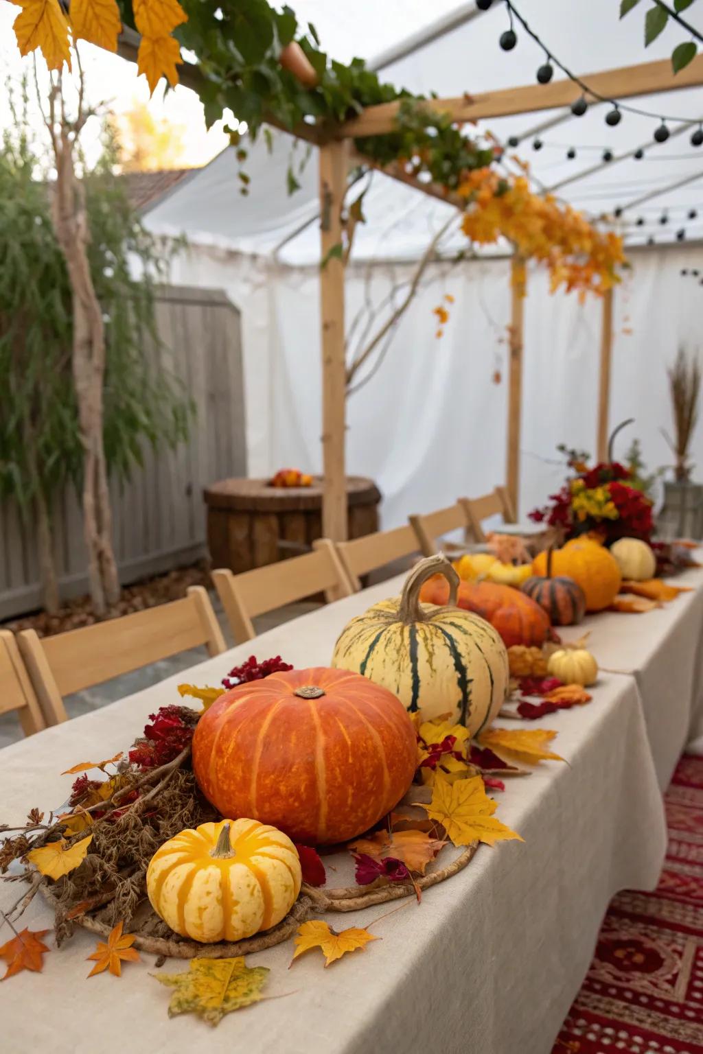 A sukkah table adorned with harvest-inspired centerpieces of pumpkins and gourds.