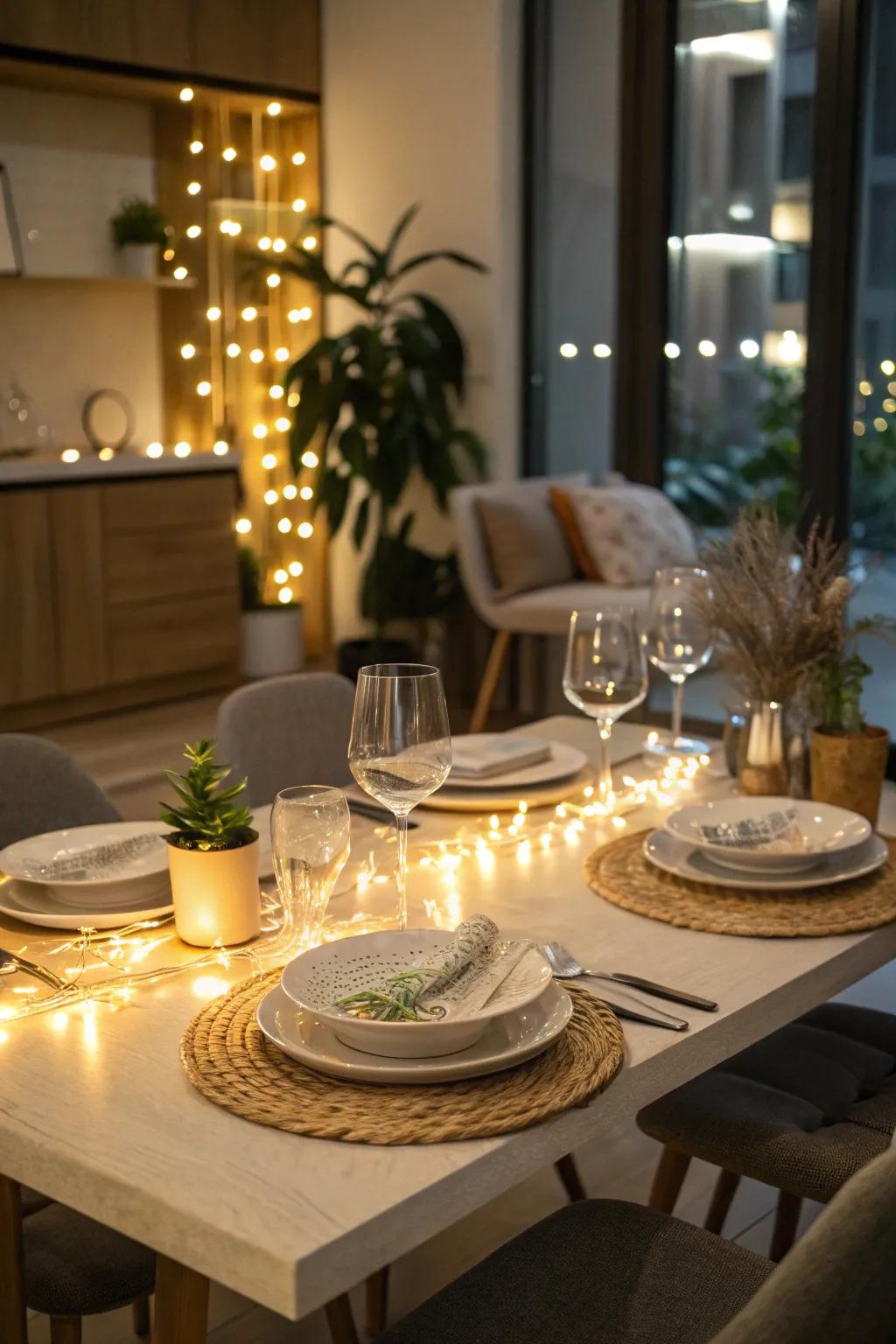 A tabletop light string adds a warm and inviting glow to the decor.