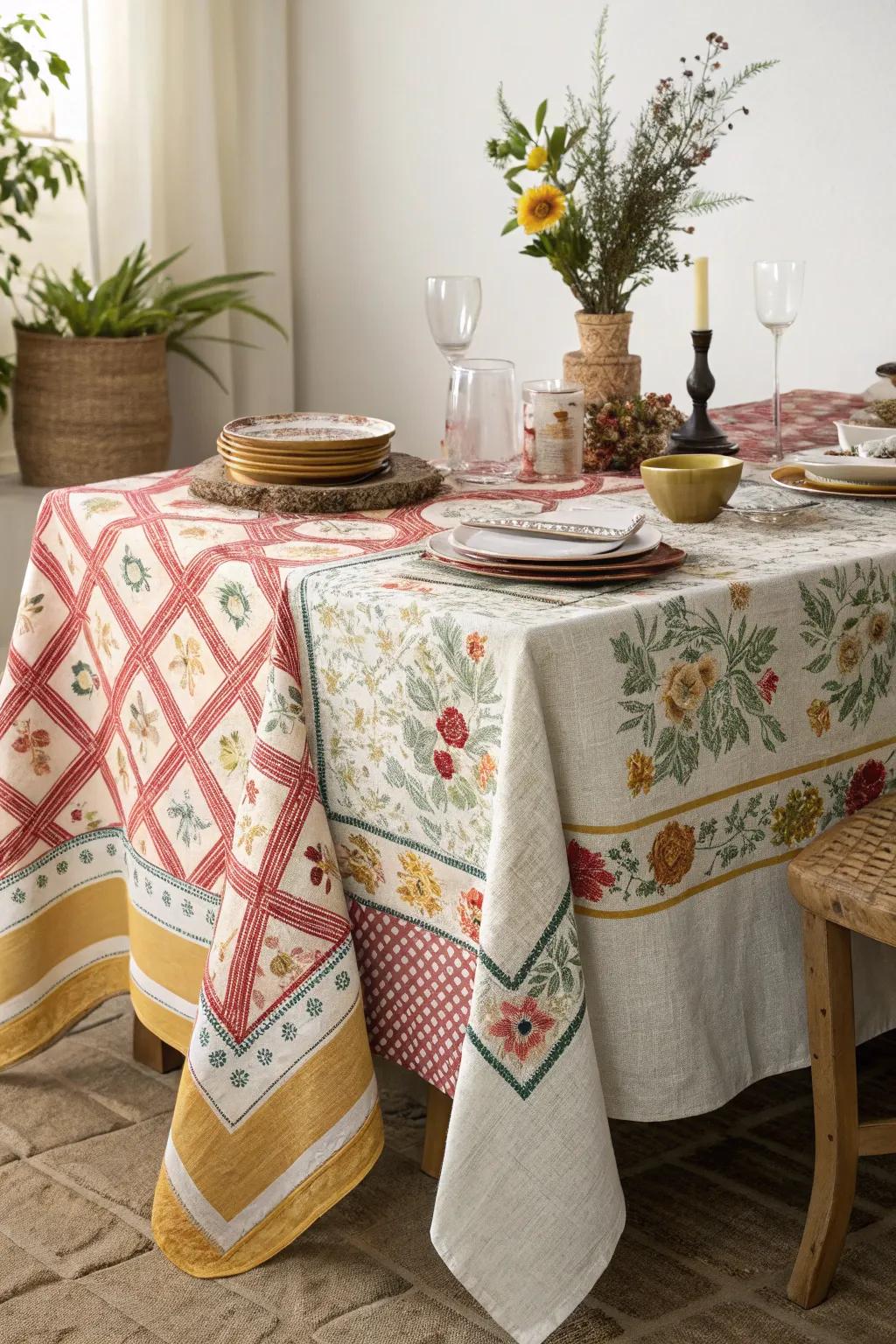 Layered tablecloths add depth and interest to the table.