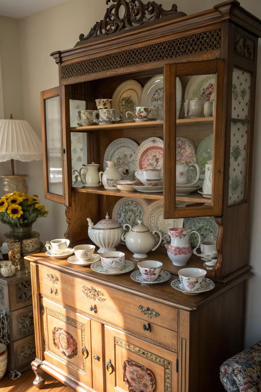 A vintage cabinet beautifully displaying a tea set collection.