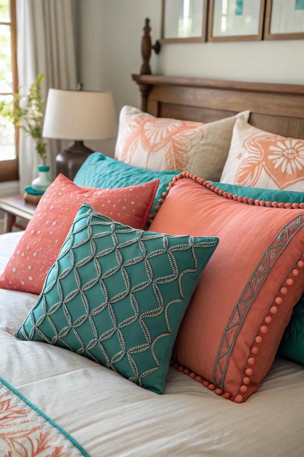 Teal and coral pillows adding a refreshing touch.