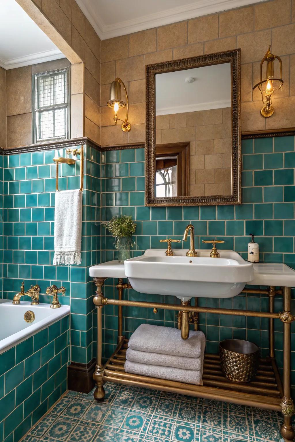 Brass fixtures add vintage charm to teal tiles.