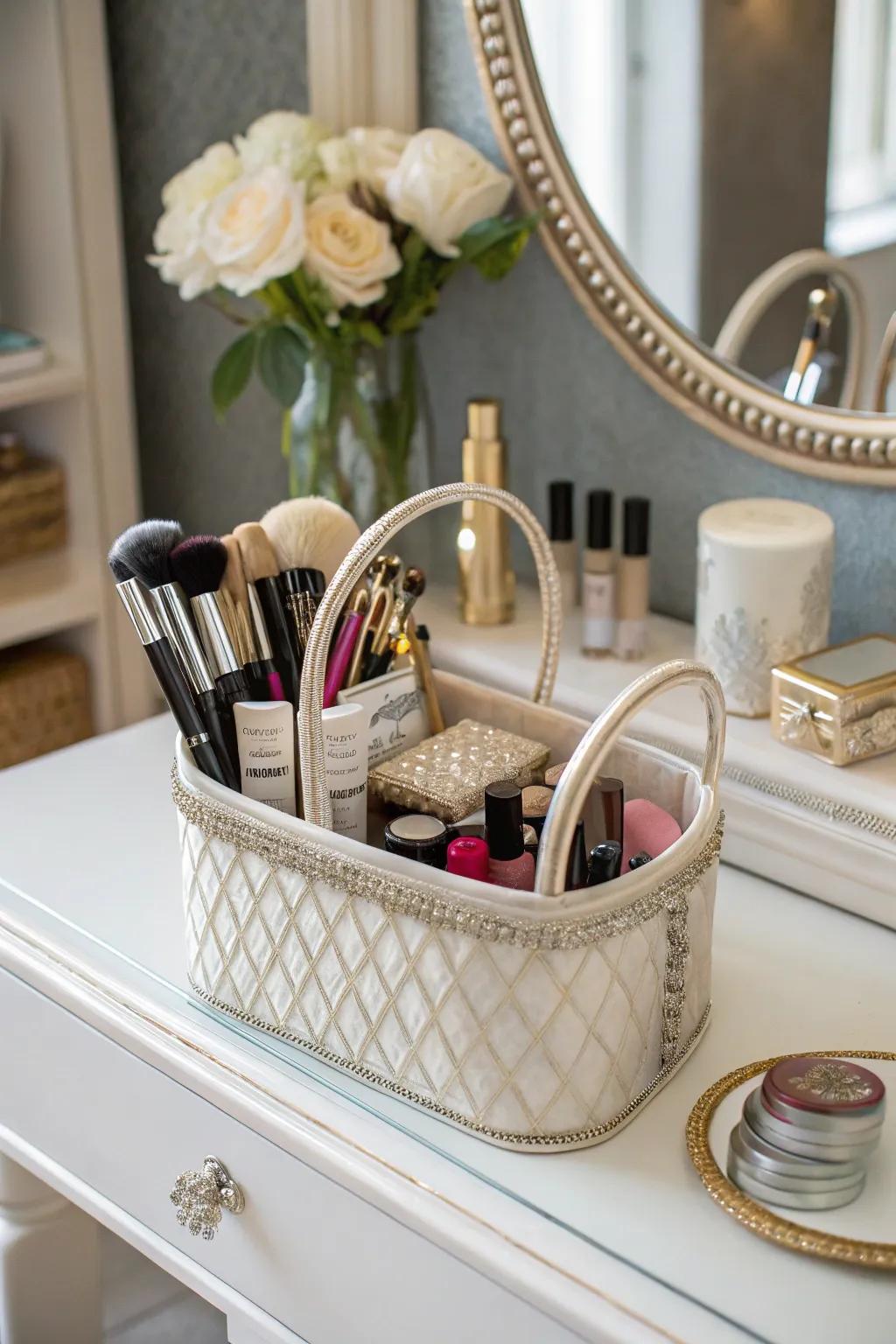 Explore beauty with makeup tools in the Easter basket.