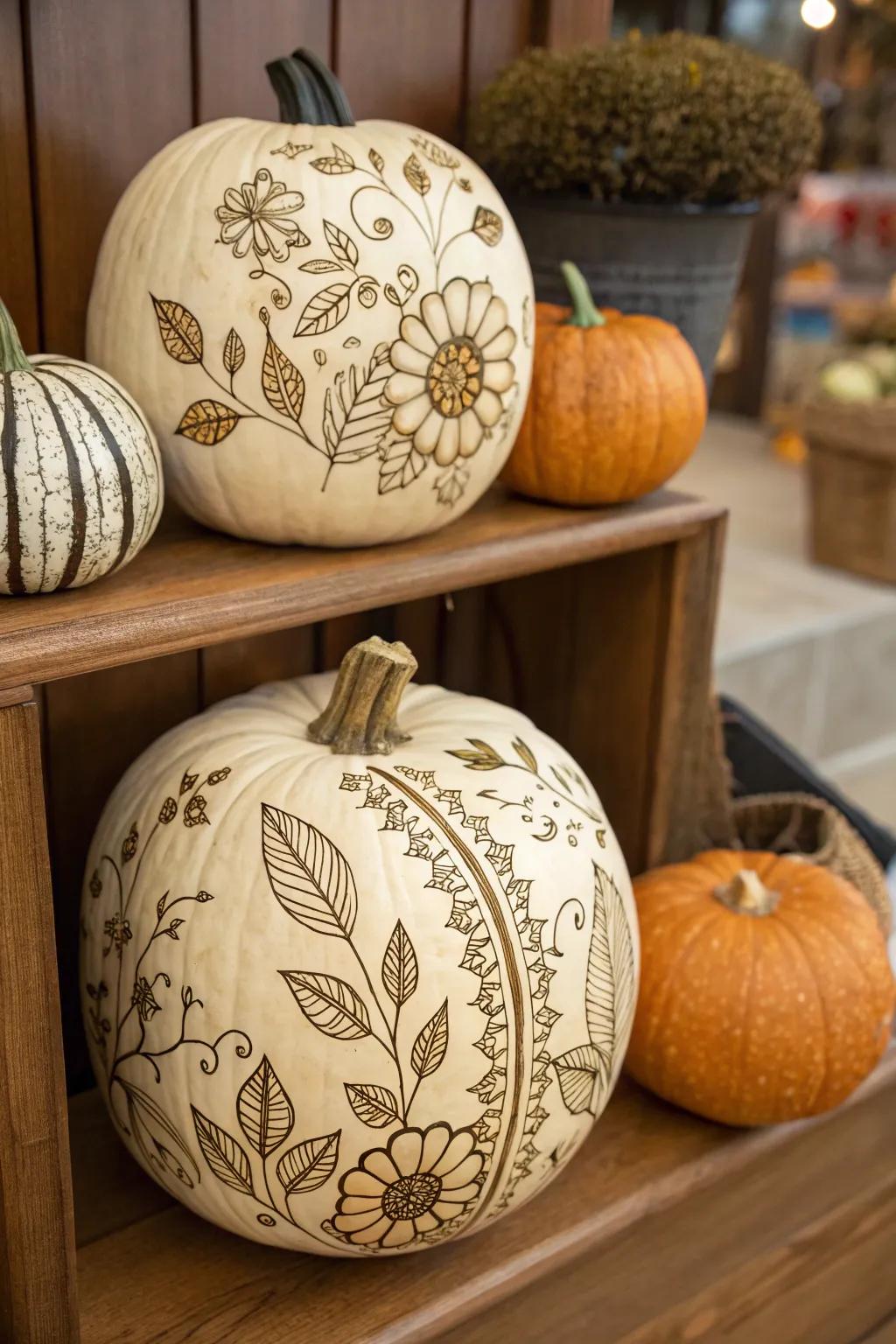 Elegant botanical pattern pumpkins for artistic decor.