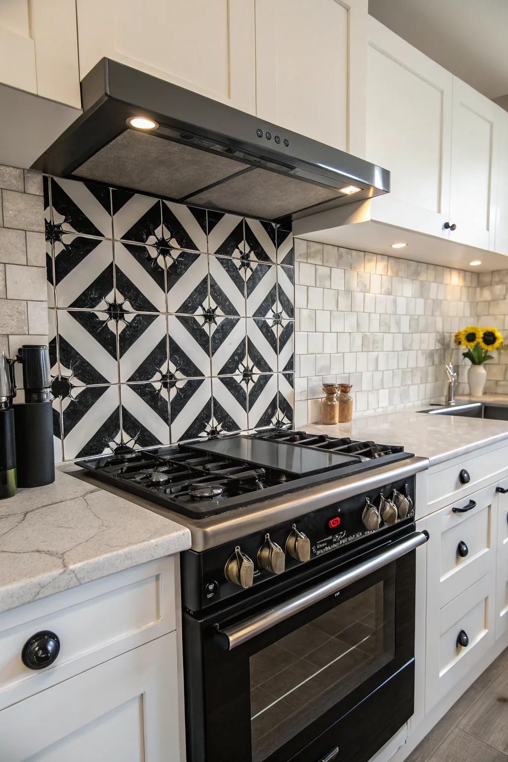 Monochrome tiles highlight with striking contrast.