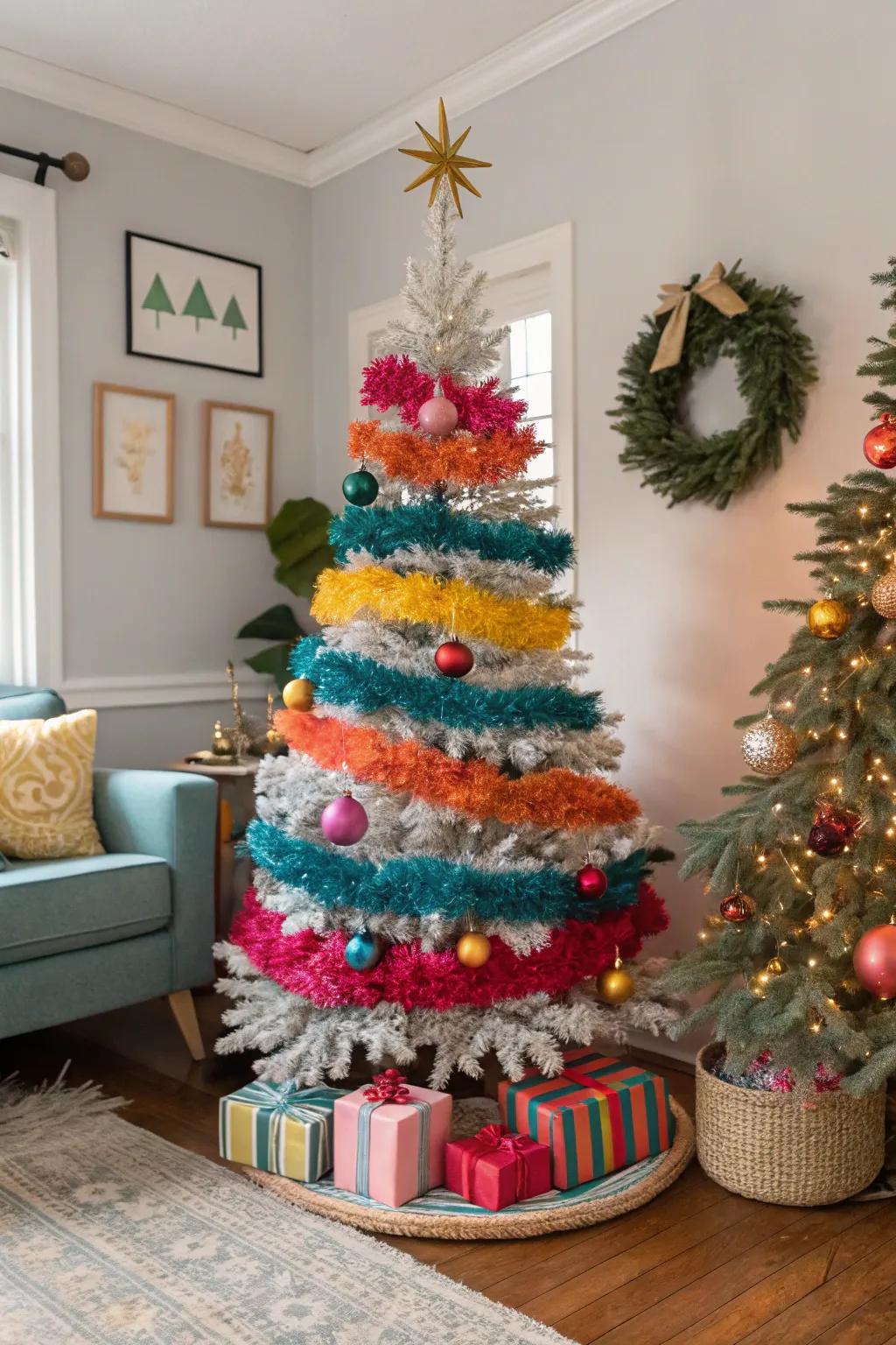 A stylish home decor scene with a retro color-blocked tinsel Christmas tree.