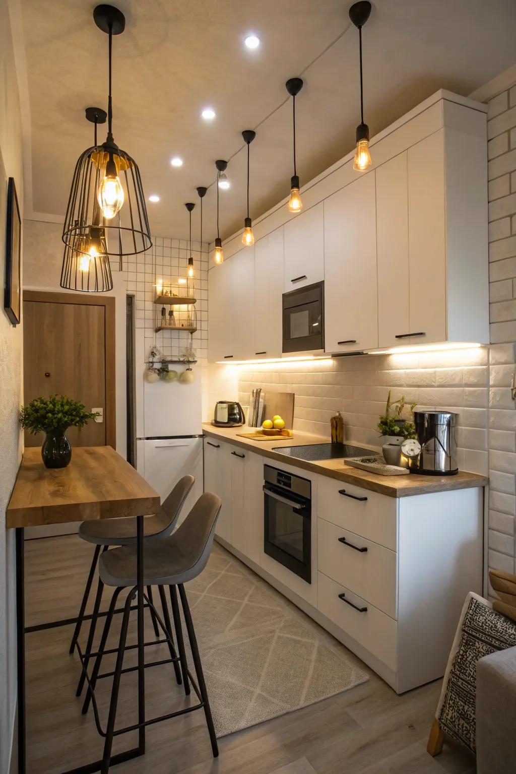 Innovative lighting fixtures add warmth and style to a tiny kitchen.