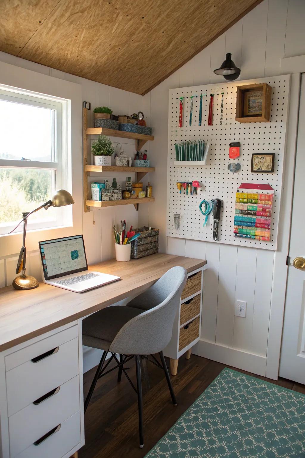 Pegboards offer versatile storage options, making the most of vertical space.