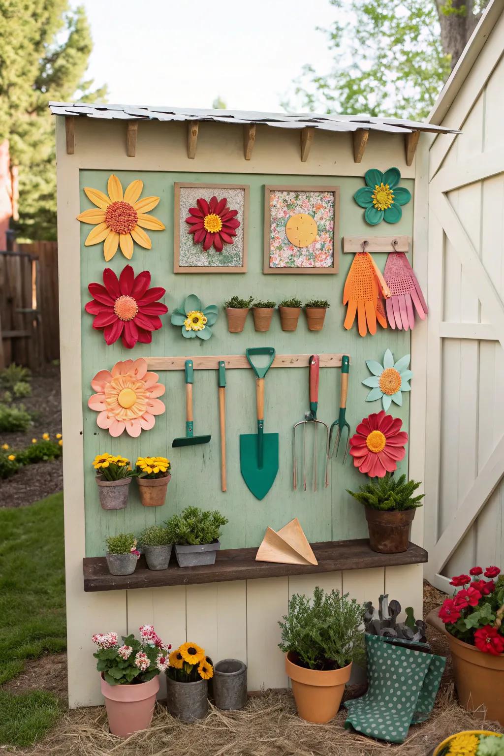 A gardening-themed board with paper flowers.