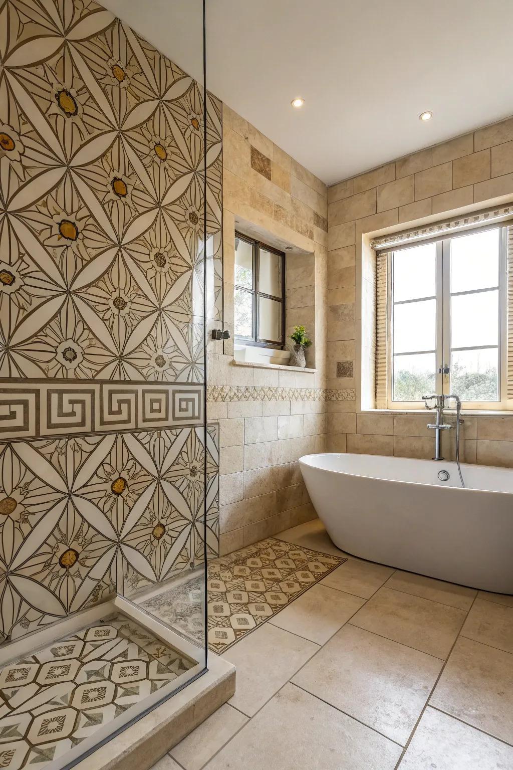 A sophisticated travertine bathroom featuring geometric tile patterns for added interest.