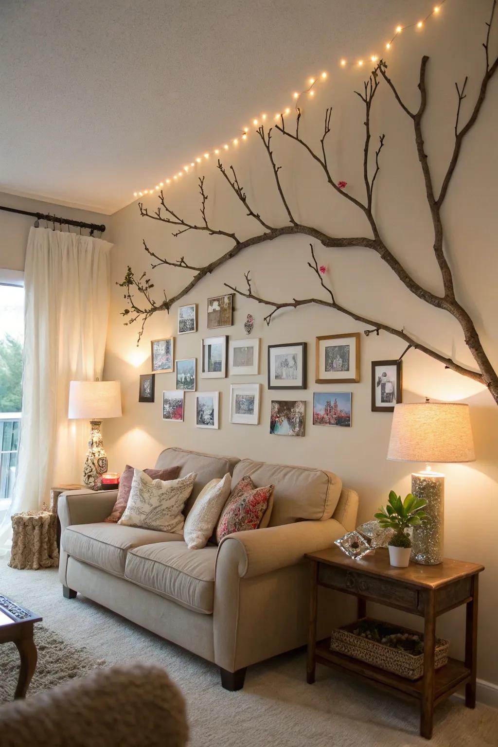 Unique branch art display for personal photos.