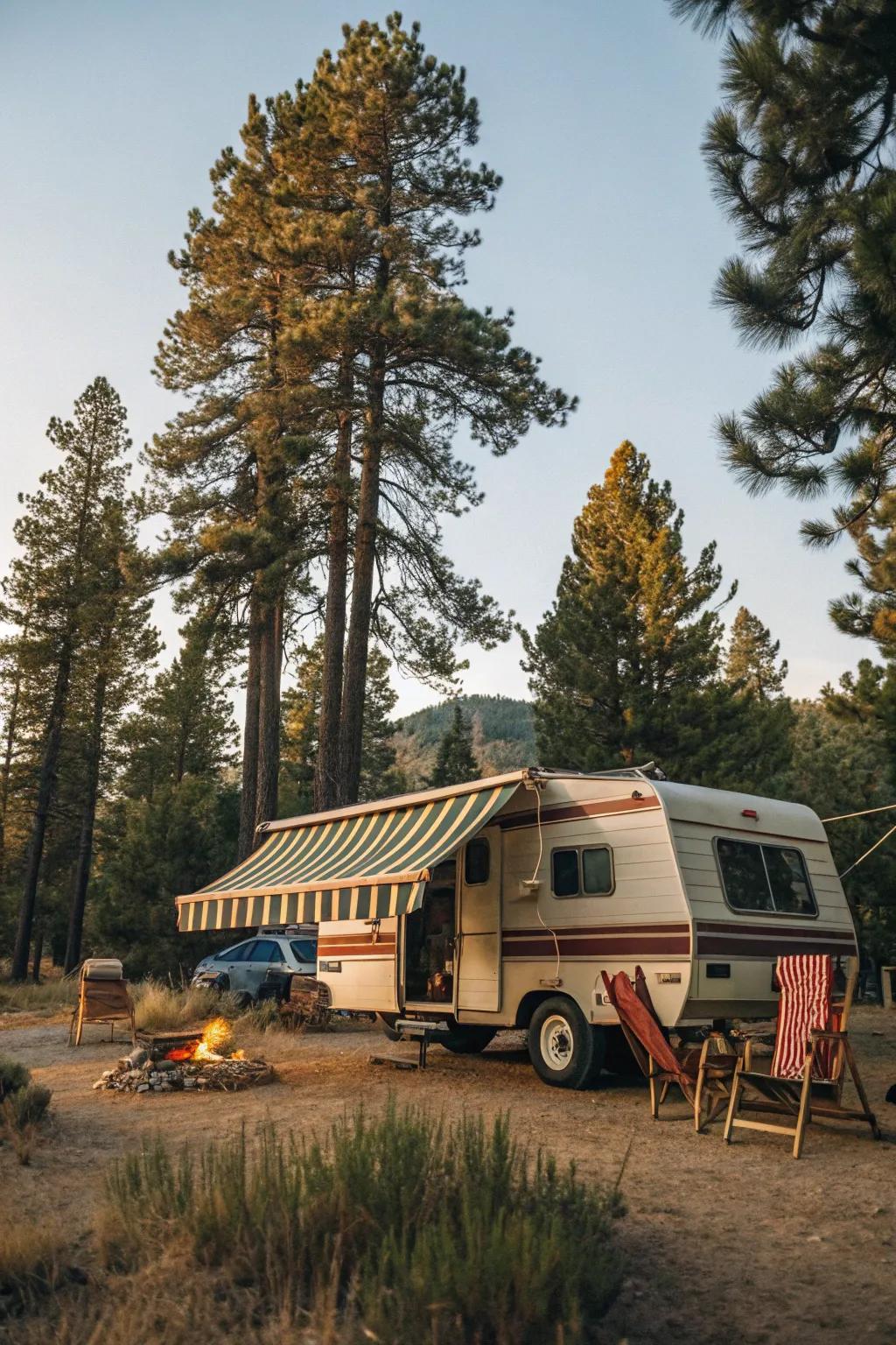 A vintage-style awning adding nostalgic charm to the camper.