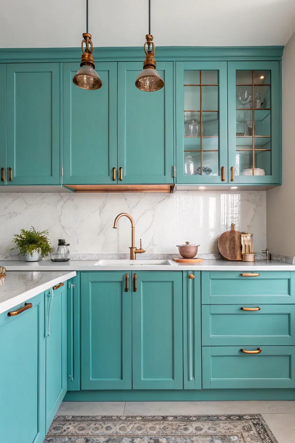 Copper accents enhancing the elegance of a turquoise kitchen.