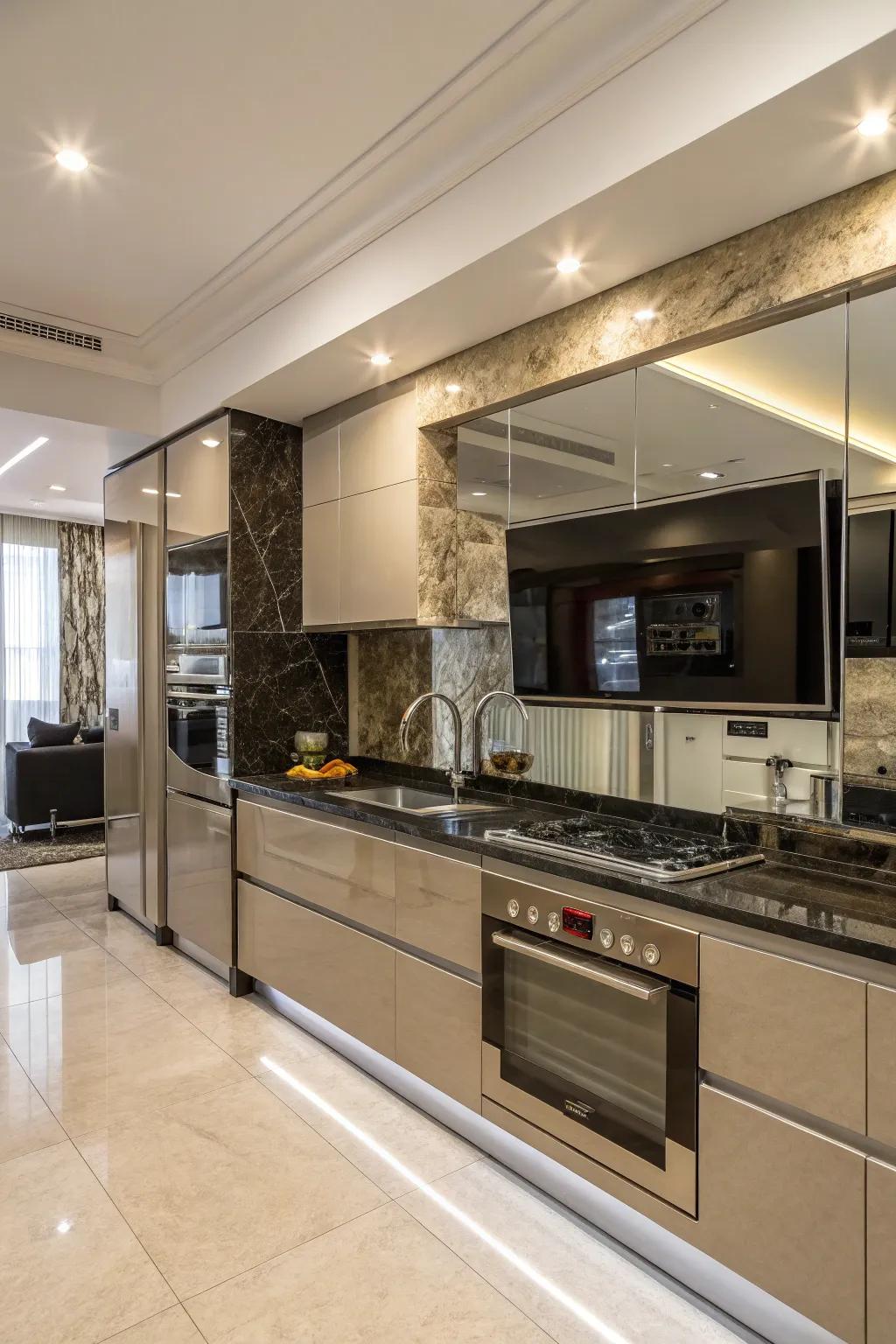 A mirror TV in the kitchen, merging utility with elegant design.