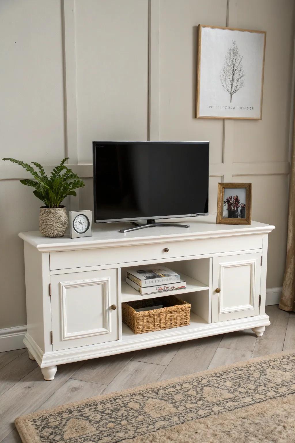 A white TV stand offers timeless elegance and versatility.