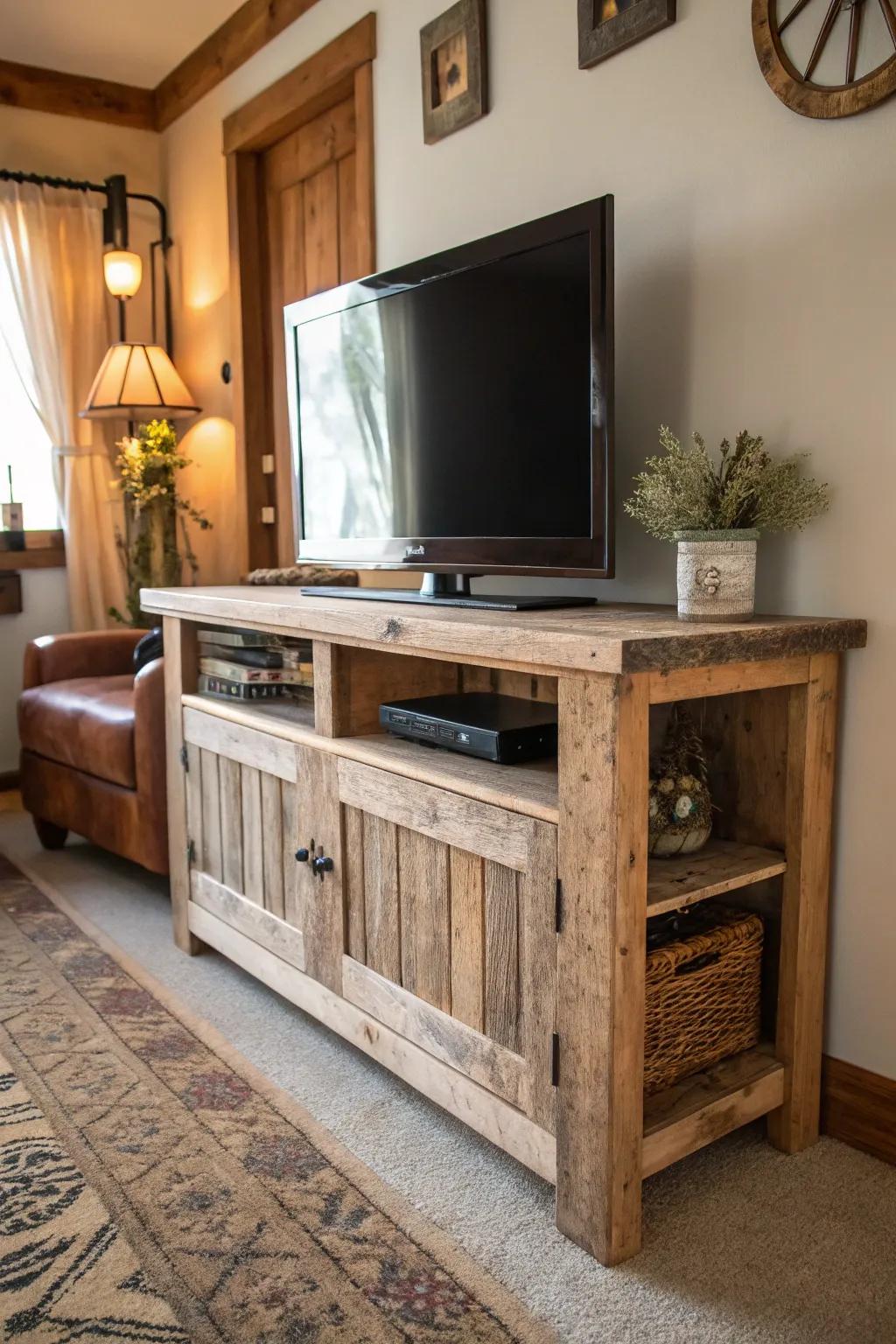 A rustic TV stand with distressed wood adds warmth to the room.