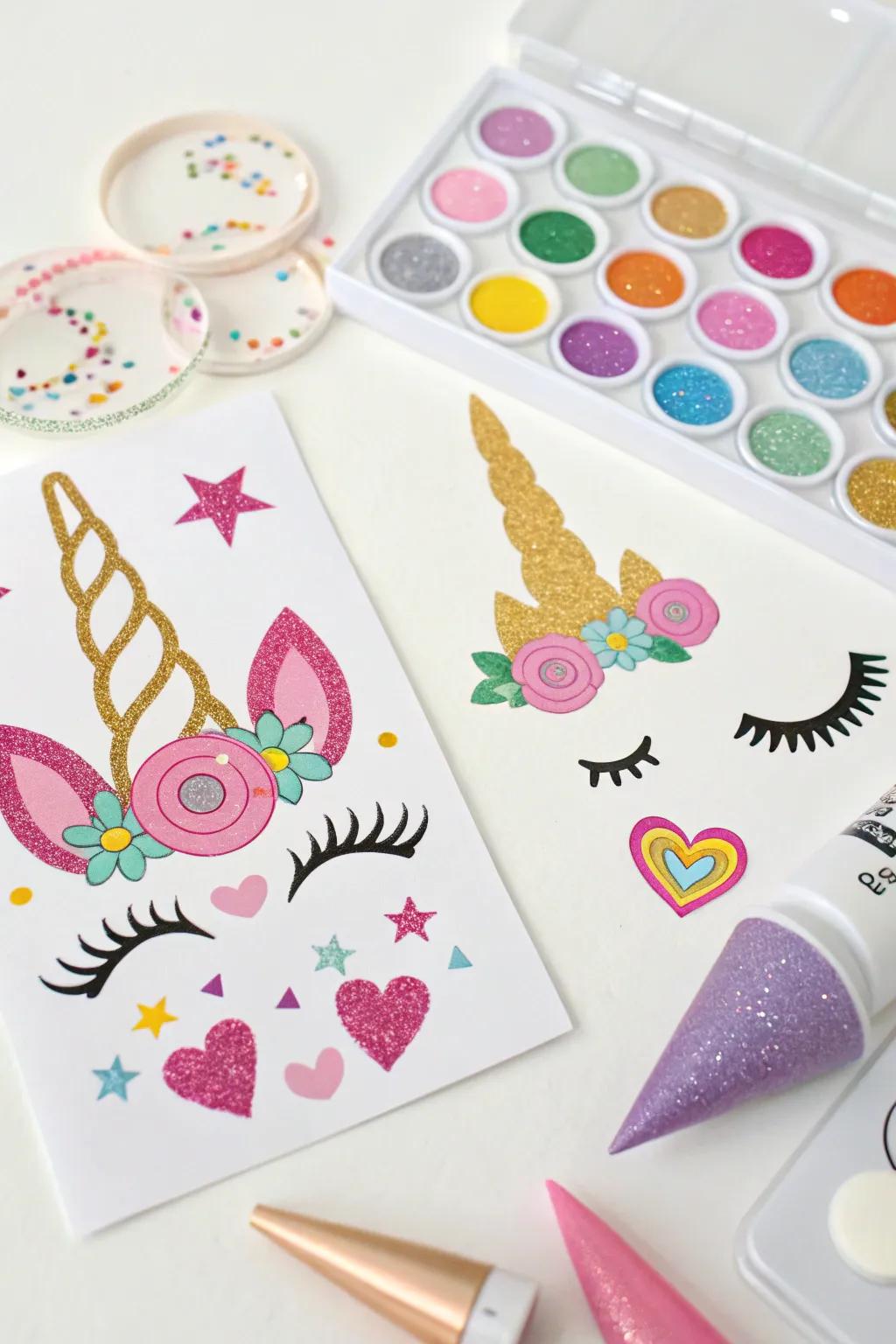 Creative unicorn face sticker kits for personalized fun.