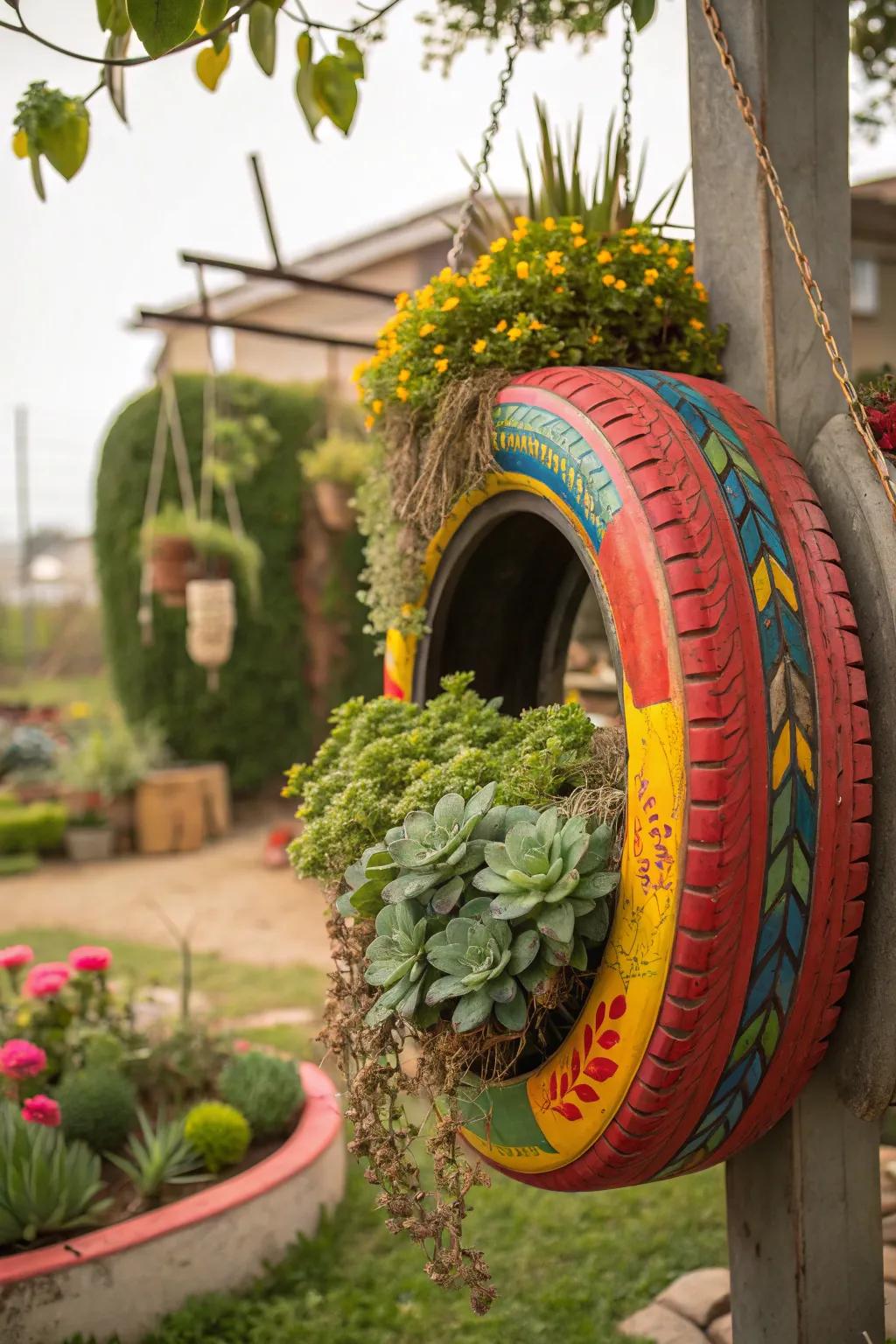 A recycled tire becomes a bold and colorful succulent planter.