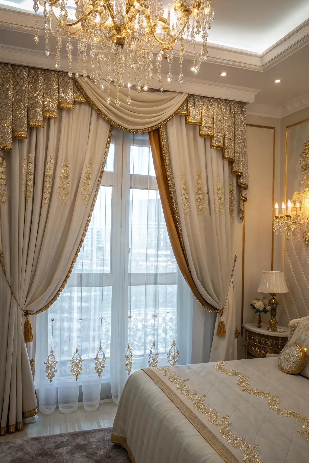 A window with a gold-accented valance in a glamorous bedroom.