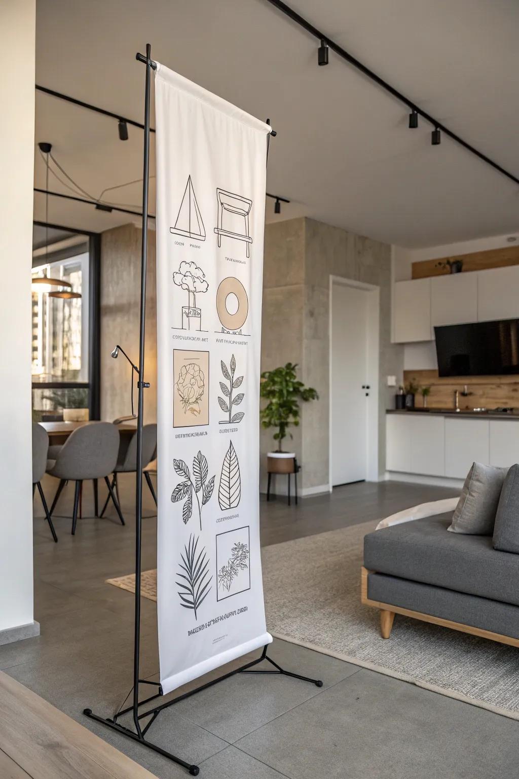 Minimalist line art on a vertical banner complements a contemporary space.