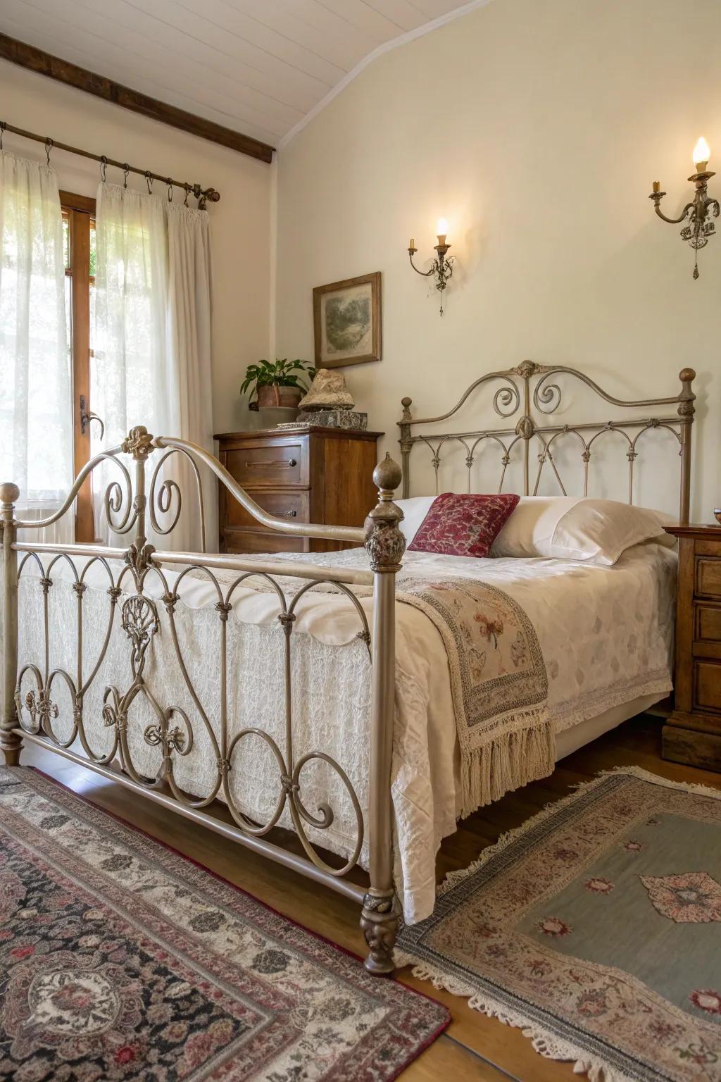 A vintage metal bed frame creating a charming bedroom ambiance.