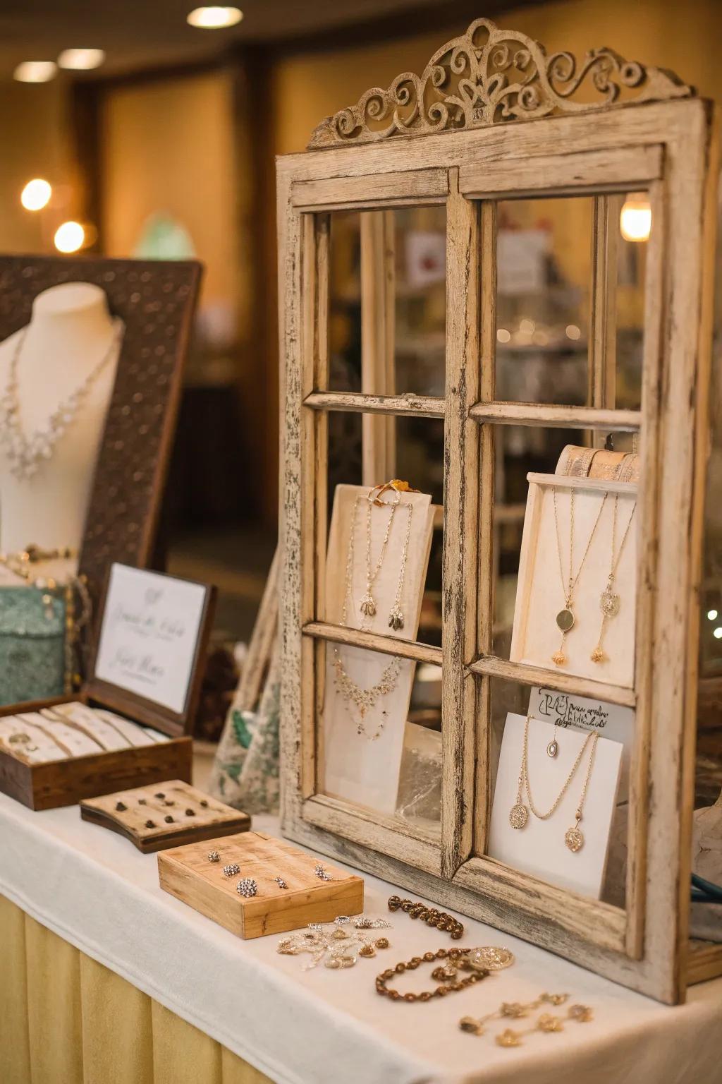 Old windows serve as unique display frames.