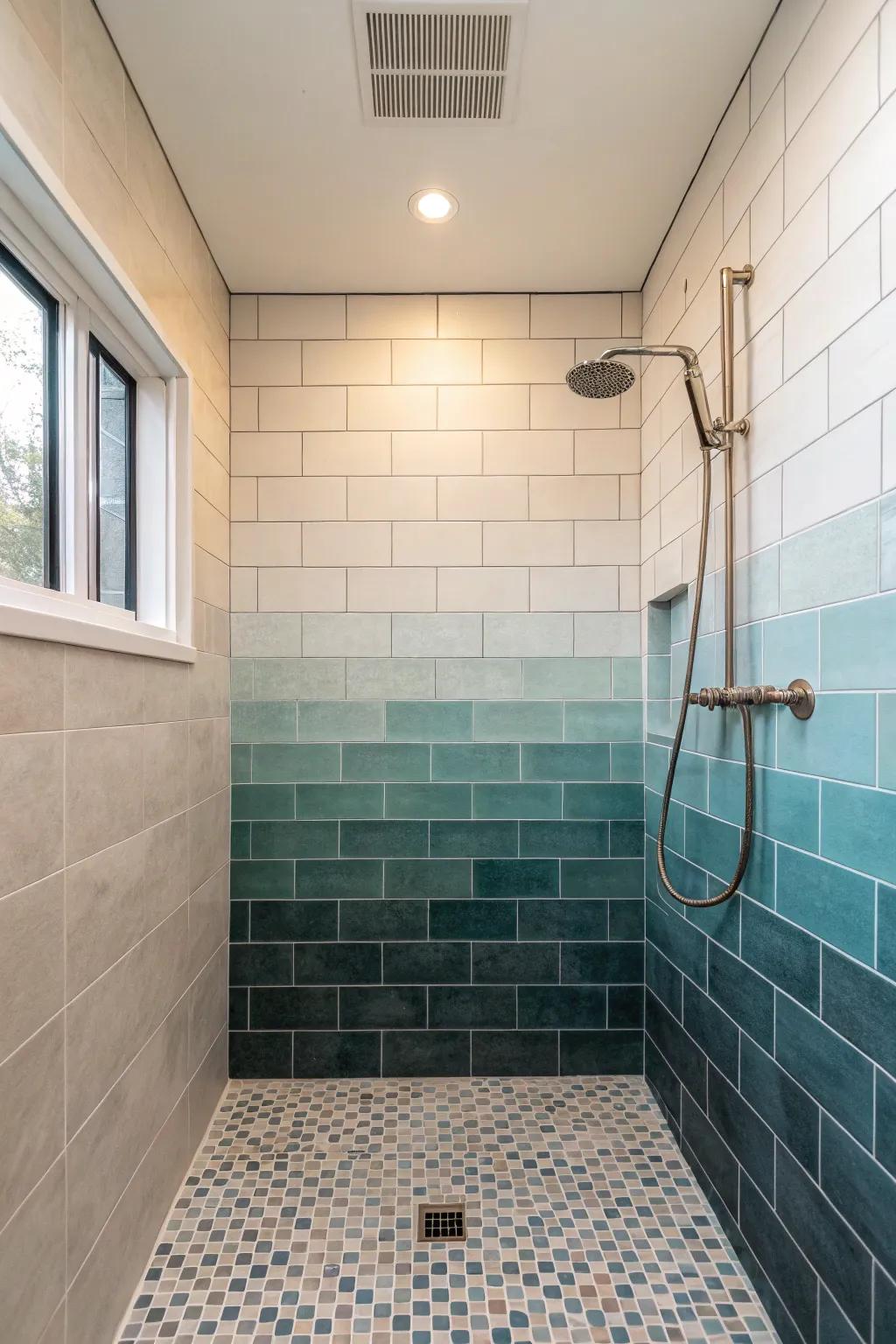 Shower with ombre tiles and a minimalist design.