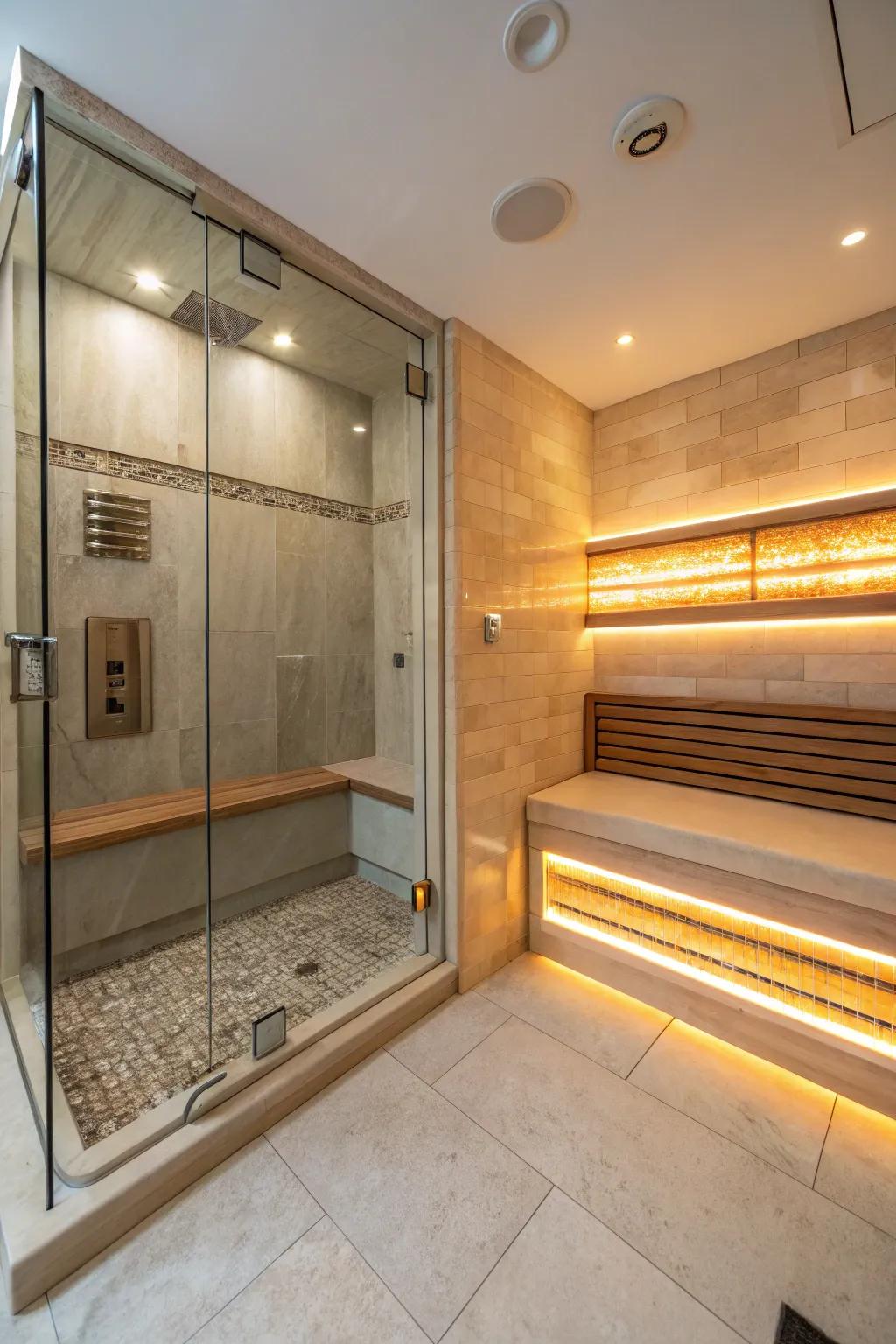 A heated bench provides year-round comfort in the walk-in shower.